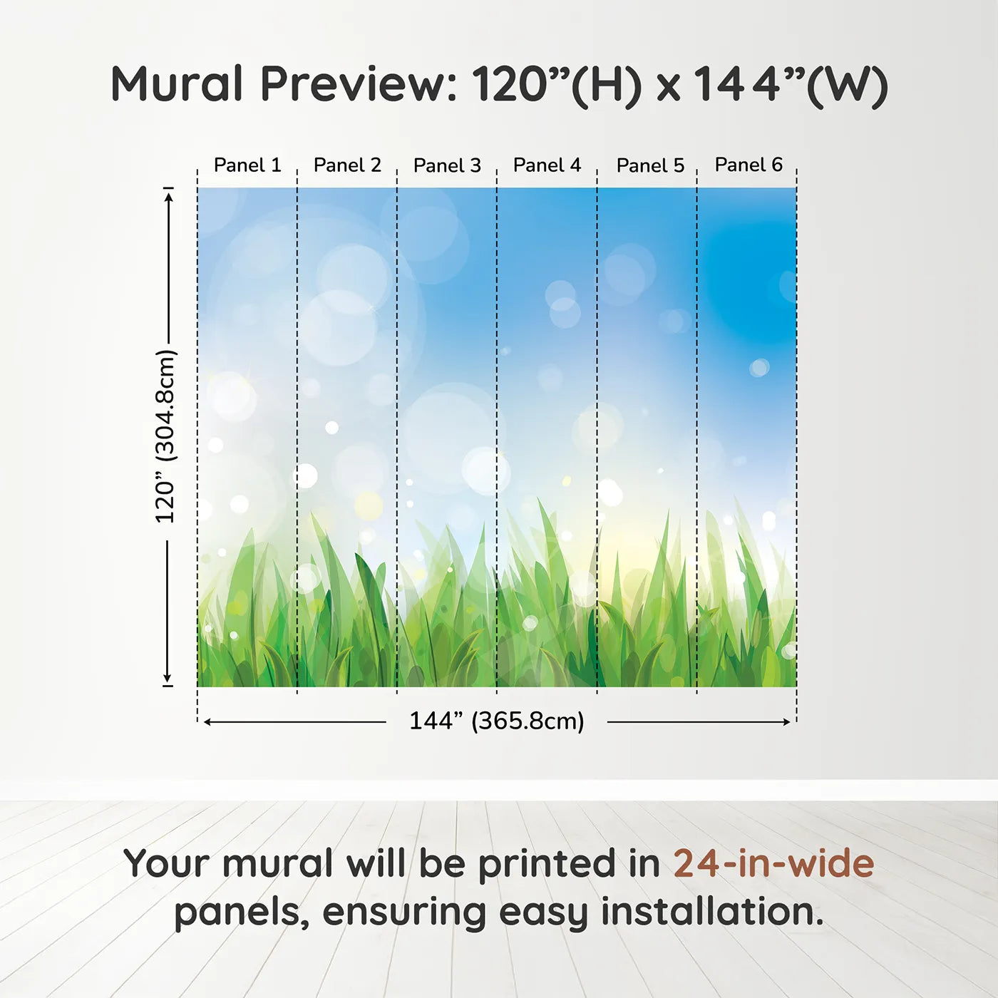 Whimsy Tots Summer Grass Breeze Wall Muraldimension view (120" H x 144" W). Printed in six 24-inch-wide panels. Gender-Neutral