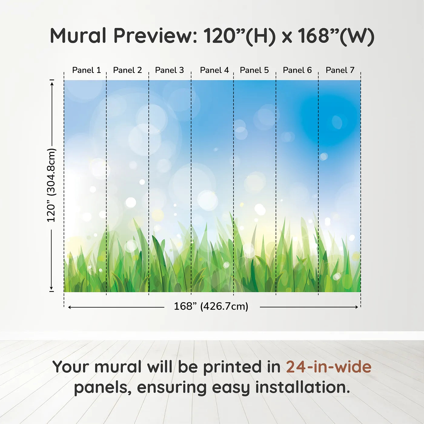 Whimsy Tots Summer Grass Breeze Wall Muraldimension view (120" H x 168" W). Printed in seven 24-inch-wide panels. Gender-Neutral
