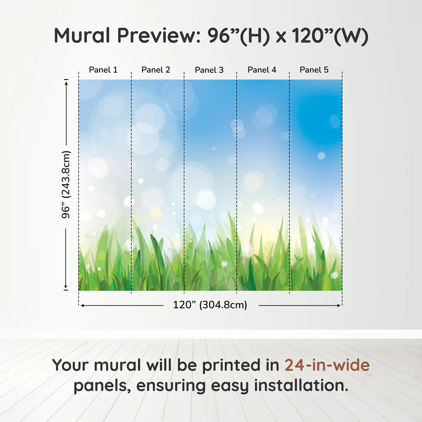 Whimsy Tots Summer Grass Breeze Wall Muraldimension view (96" H x 120" W). Printed in five 24-inch-wide panels. Gender-Neutral