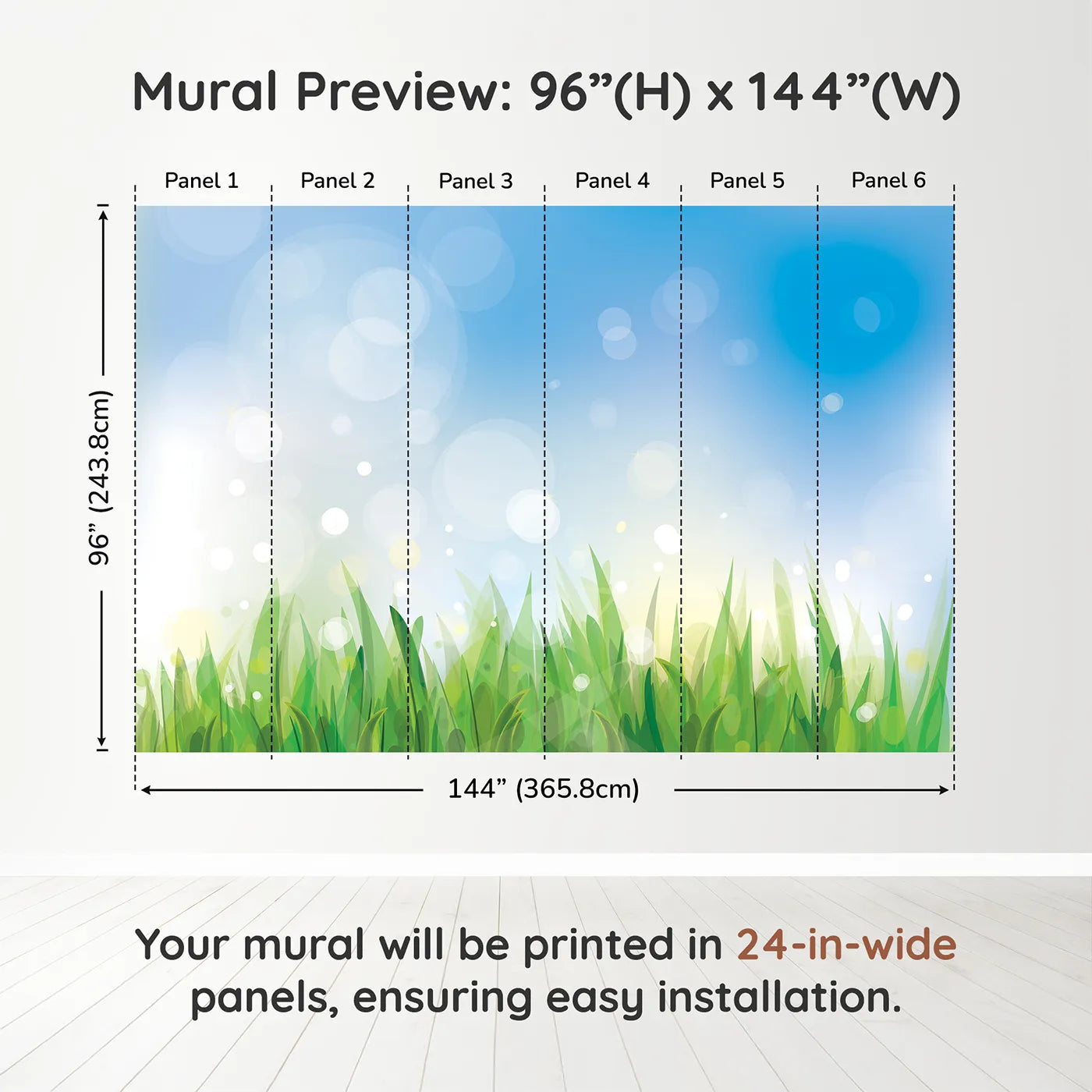 Whimsy Tots Summer Grass Breeze Wall Muraldimension view (96" H x 144" W). Printed in six 24-inch-wide panels. Gender-Neutral