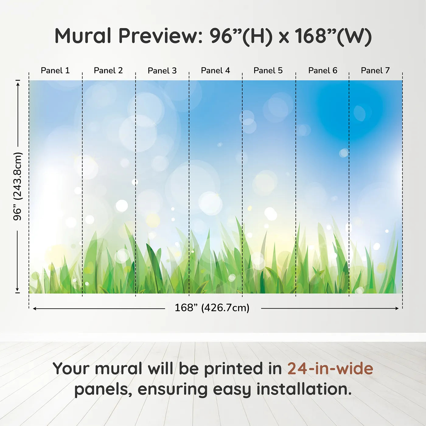 Whimsy Tots Summer Grass Breeze Wall Muraldimension view (96" H x 168" W). Printed in seven 24-inch-wide panels. Gender-Neutral