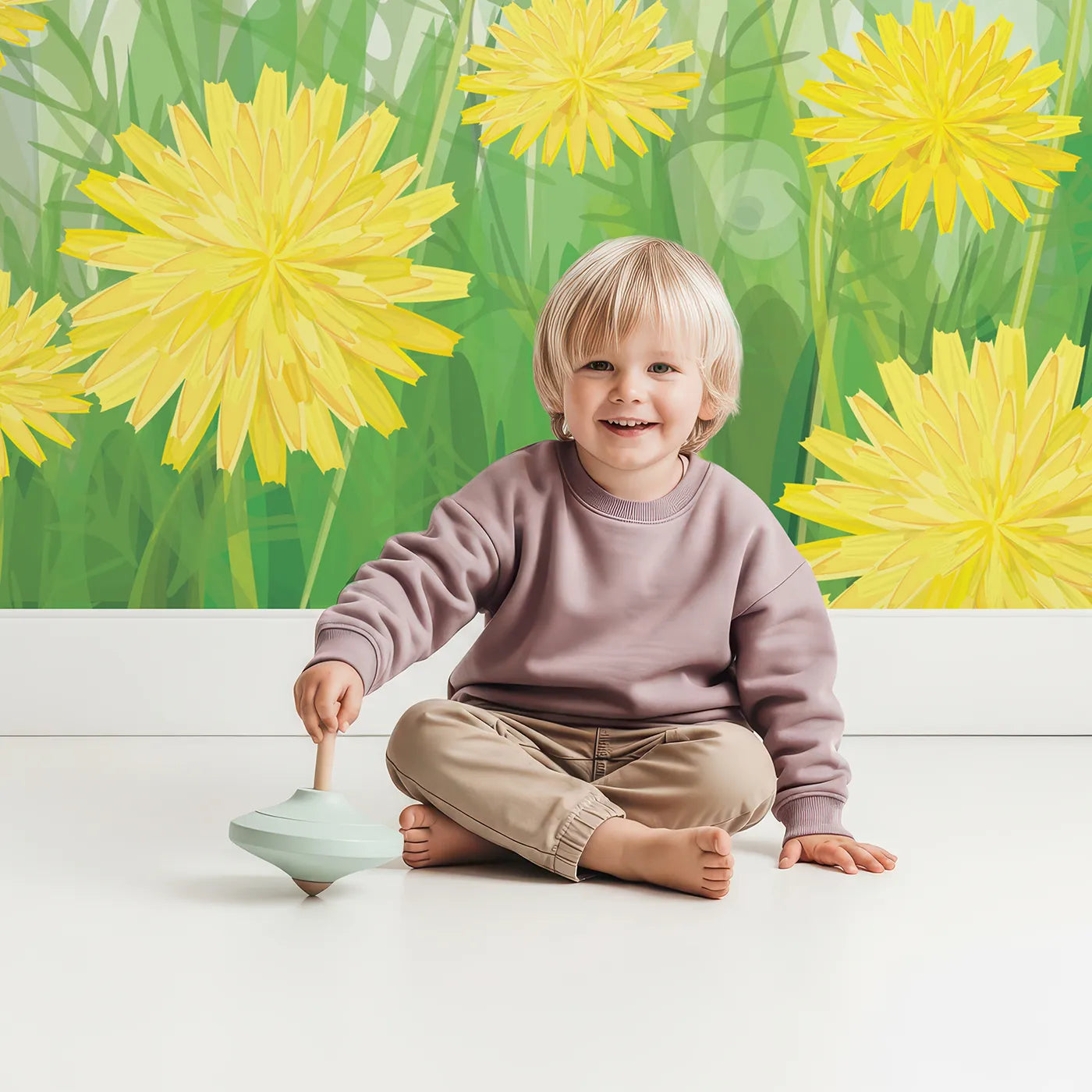 Child in front of Whimsy Tots Field of Dandelions Wall Mural with dandelion, flower, field, meadow, grass, yellow, nature in design.