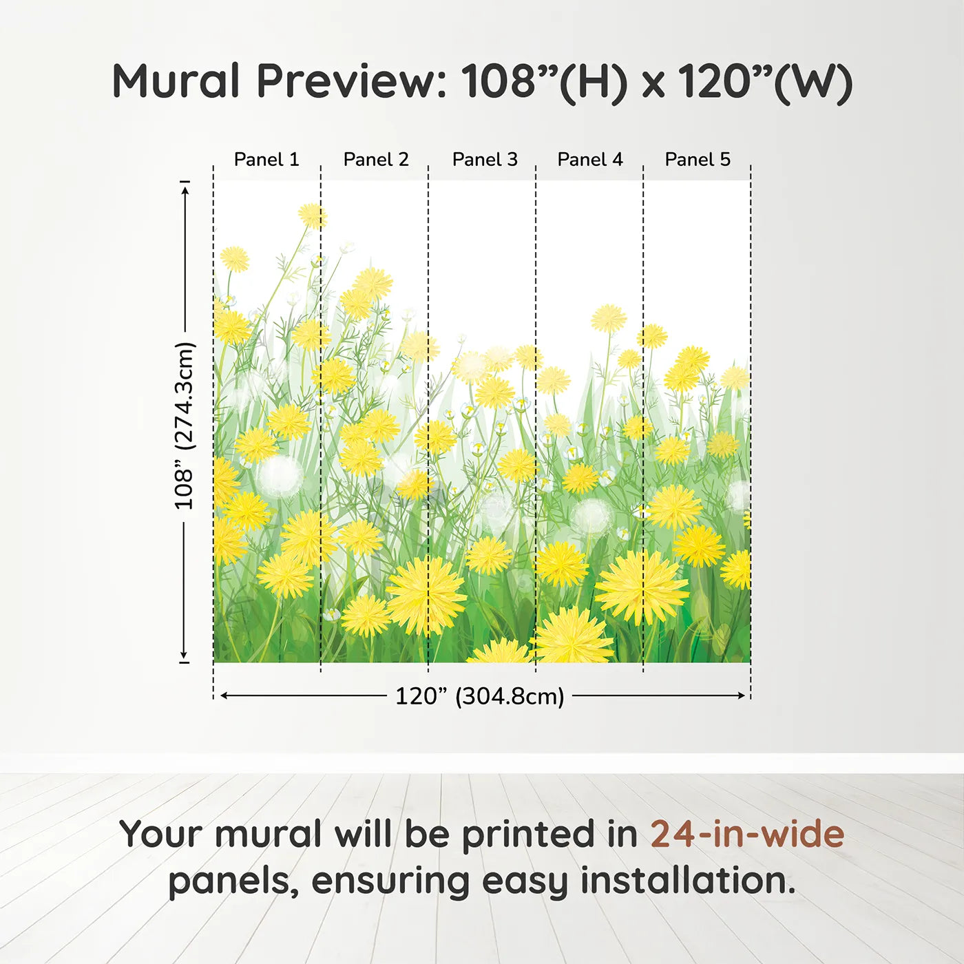 Whimsy Tots Field of Dandelions Wall Muraldimension view (108" H x 120" W). Printed in five 24-inch-wide panels. Gender-Neutral