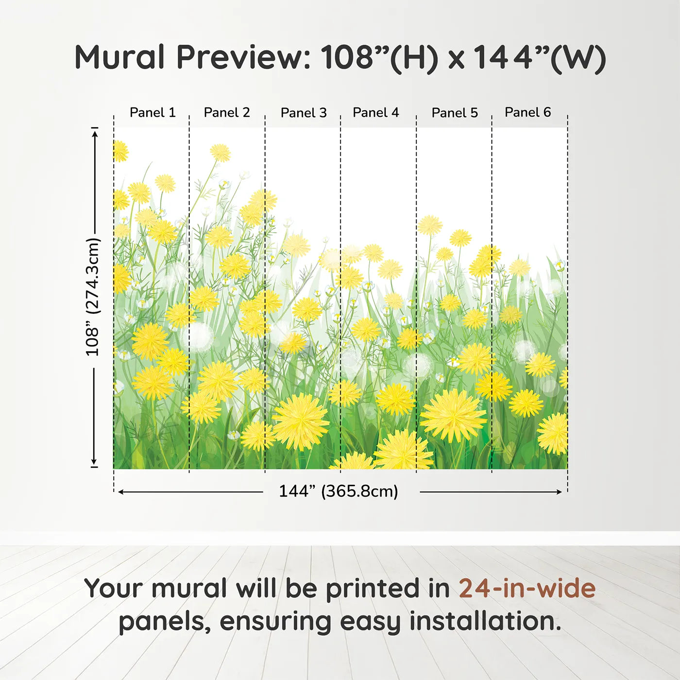 Whimsy Tots Field of Dandelions Wall Muraldimension view (108" H x 144" W). Printed in six 24-inch-wide panels. Gender-Neutral