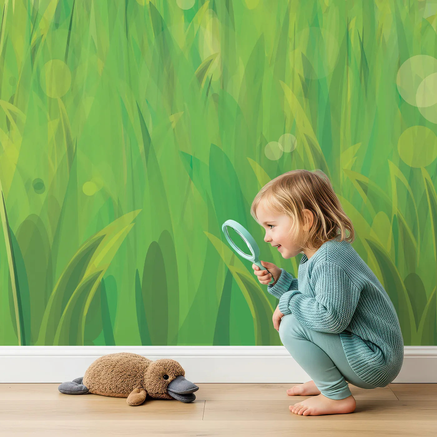 Child in front of Whimsy Tots Green Valley Vista Wall Mural with landscape, valley, hill, tree, forest, green, nature, river in design.