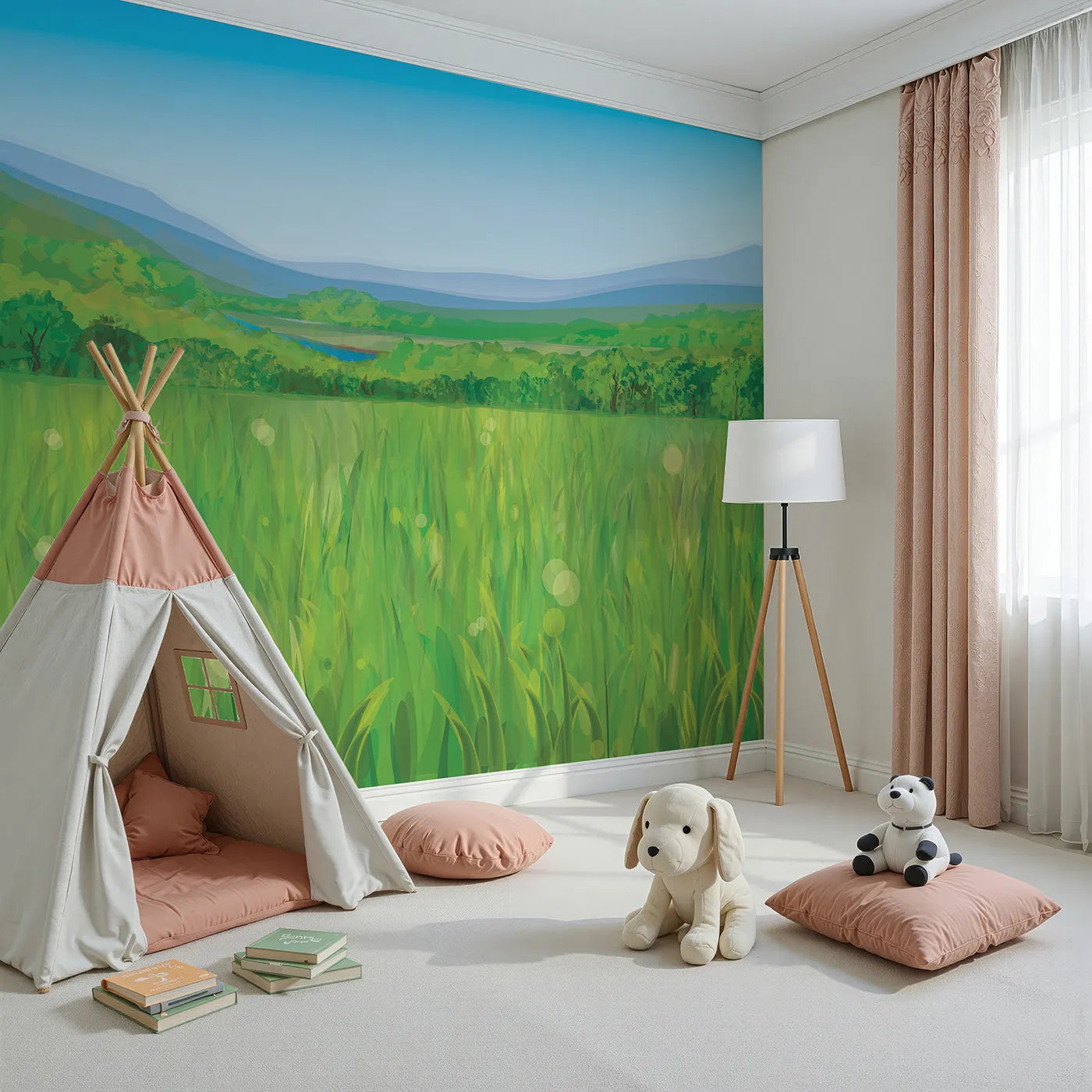 Angled view of Whimsy Tots' Green Valley Vista Wall Mural (Turn Their Room into a Peaceful Rolling Landscape).Gender-Neutral