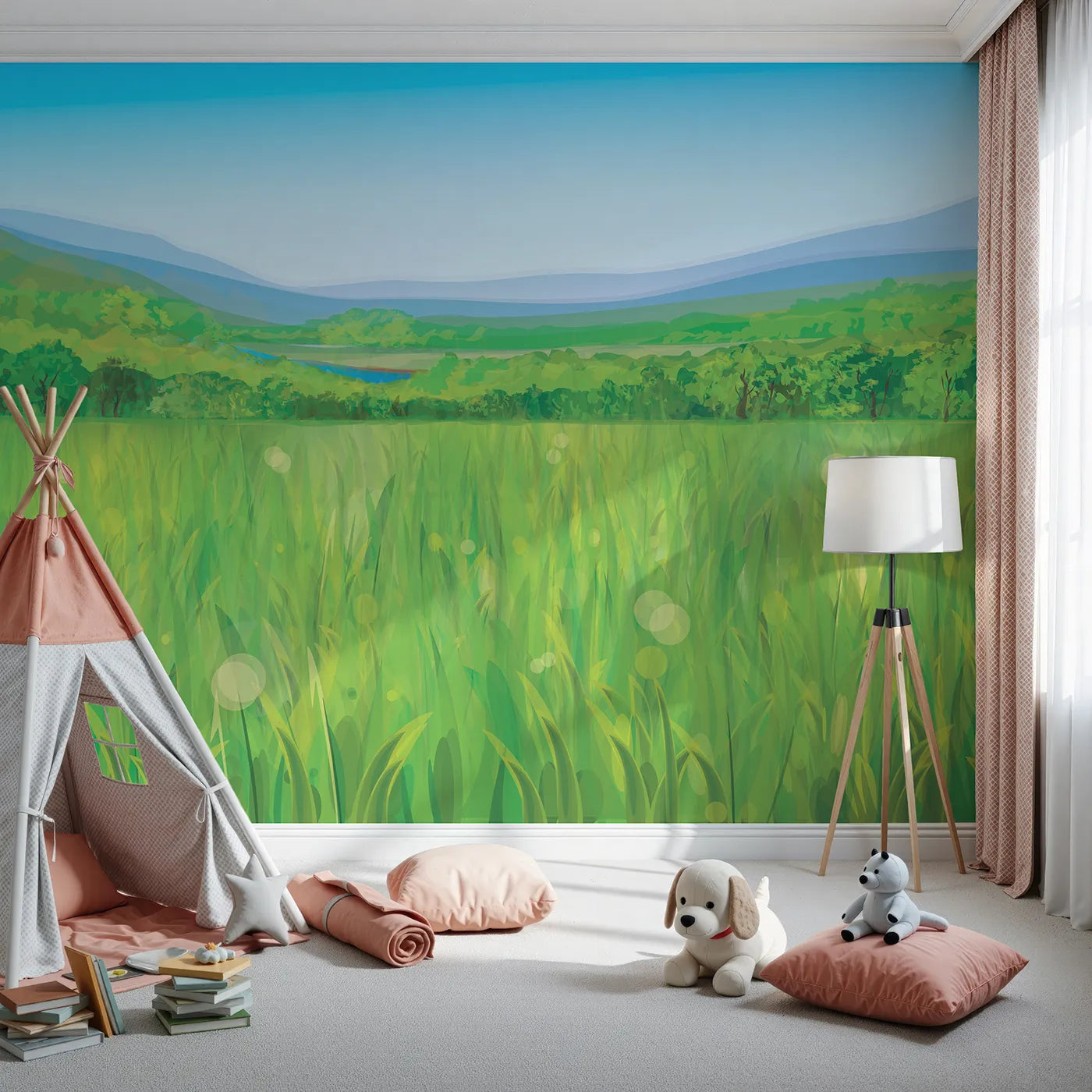 Front view of Whimsy Tots' Green Valley Vista Wall Mural