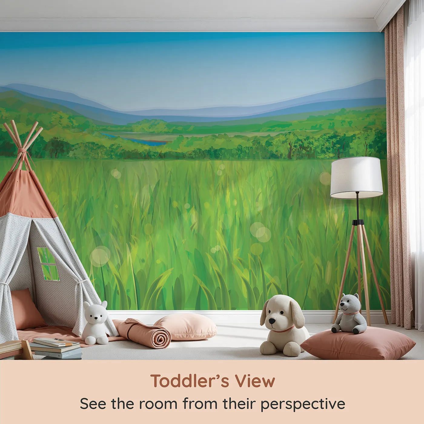Whimsy Tots Green Valley Vista Wall Mural (Turn Their Room into a Peaceful Rolling Landscape) from your child's view.Gender-Neutral