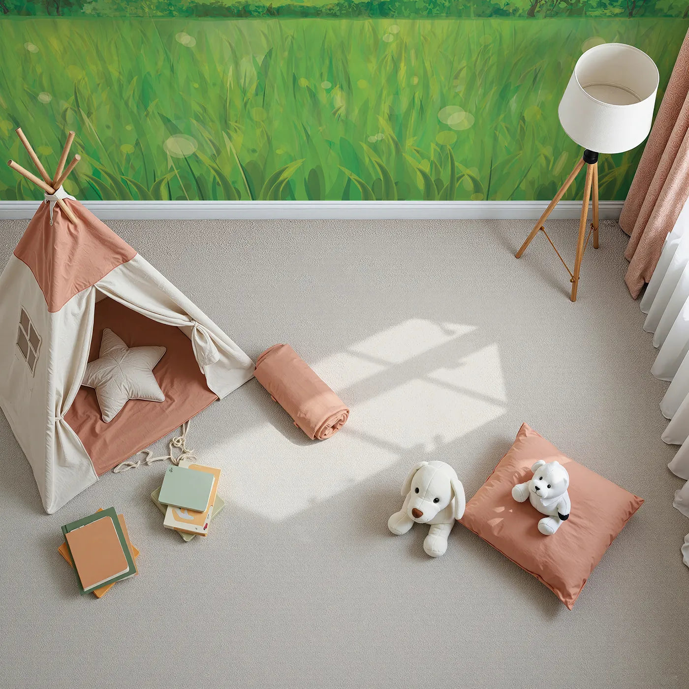 Top-down view of Whimsy Tots' Green Valley Vista Wall Mural (Turn Their Room into a Peaceful Rolling Landscape).Gender-Neutral