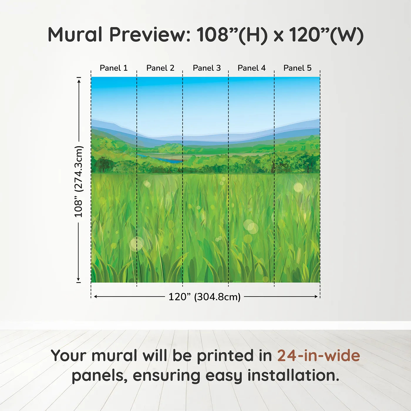 Whimsy Tots Green Valley Vista Wall Muraldimension view (108" H x 120" W). Printed in five 24-inch-wide panels. Gender-Neutral