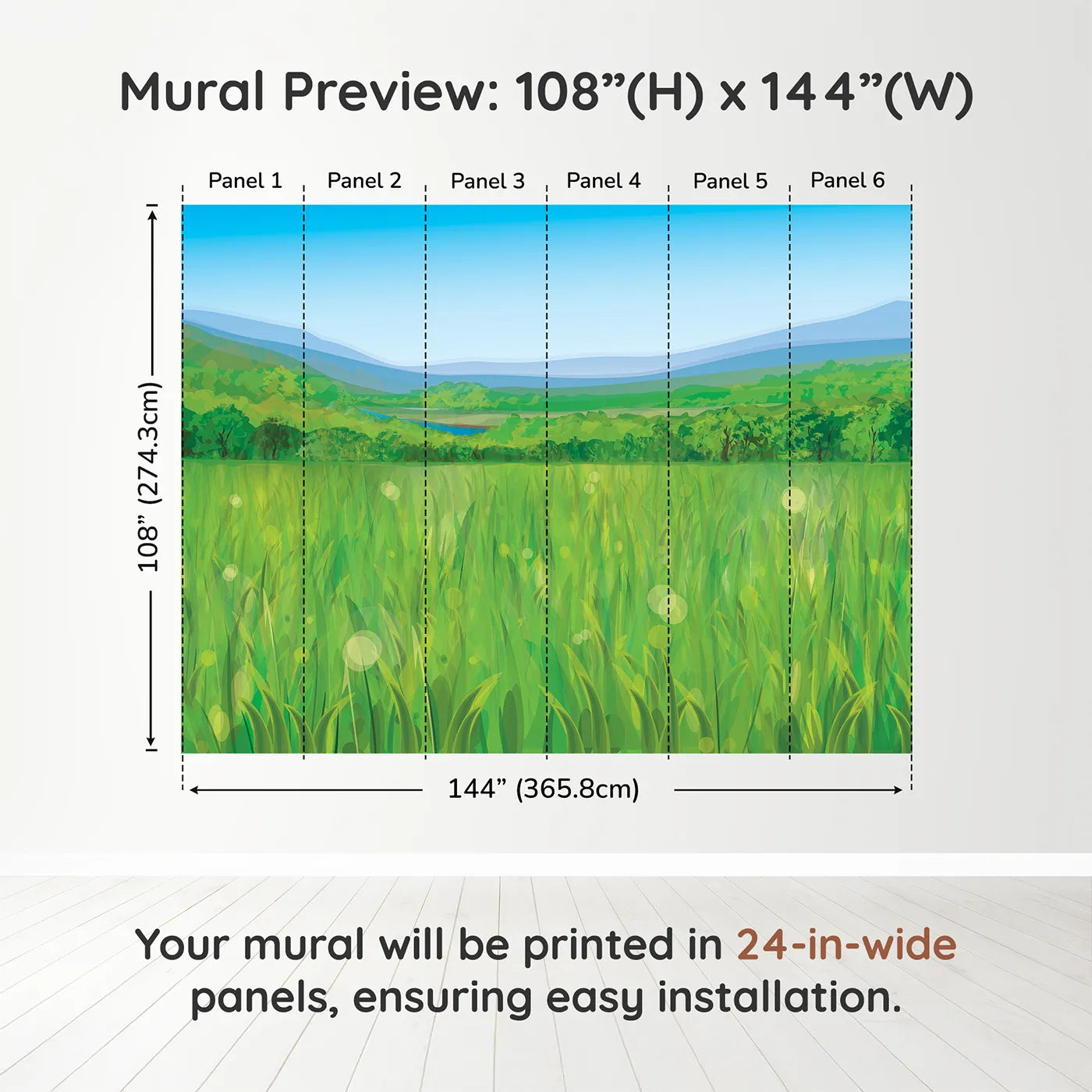 Whimsy Tots Green Valley Vista Wall Muraldimension view (108" H x 144" W). Printed in six 24-inch-wide panels. Gender-Neutral