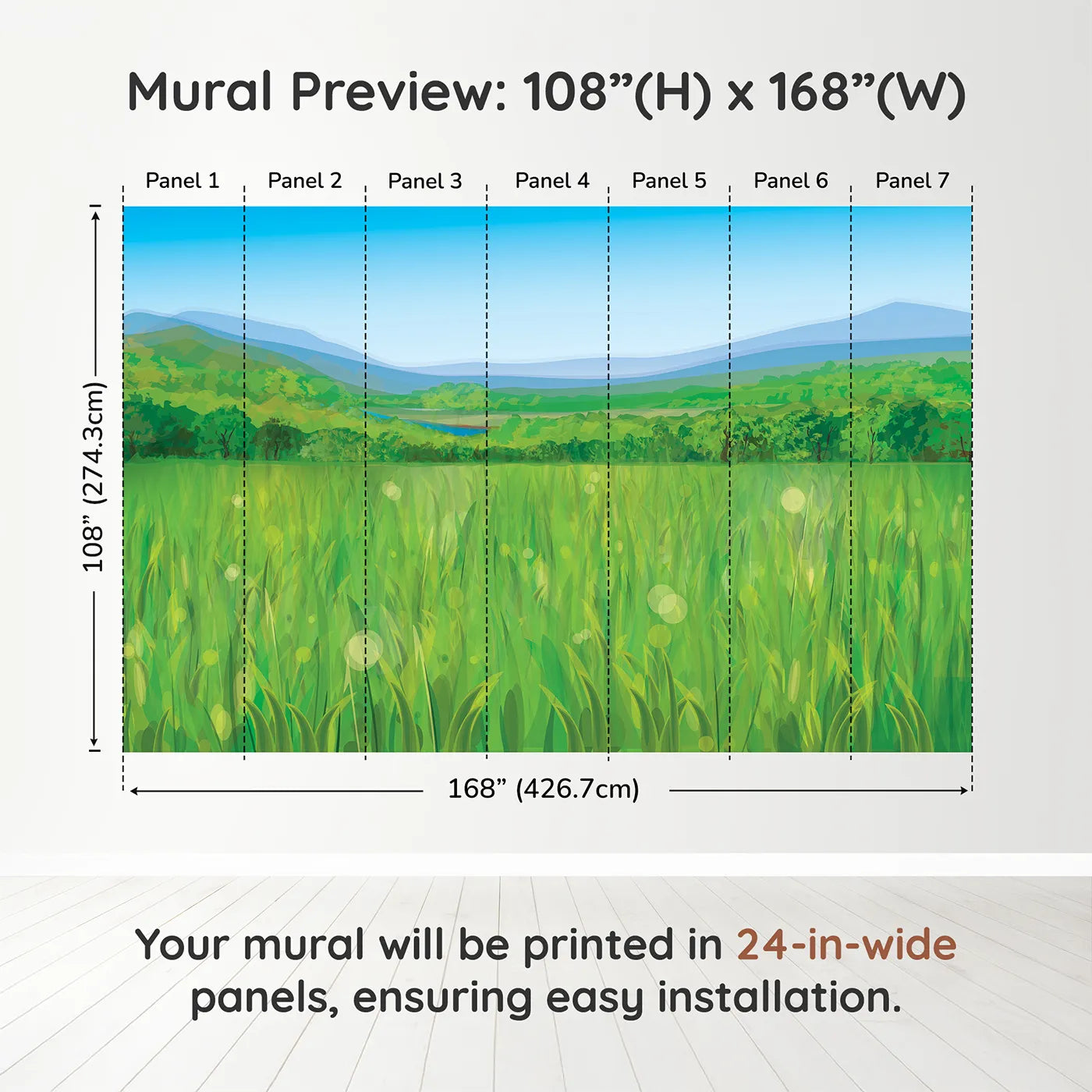 Whimsy Tots Green Valley Vista Wall Muraldimension view (108" H x 168" W). Printed in seven 24-inch-wide panels. Gender-Neutral