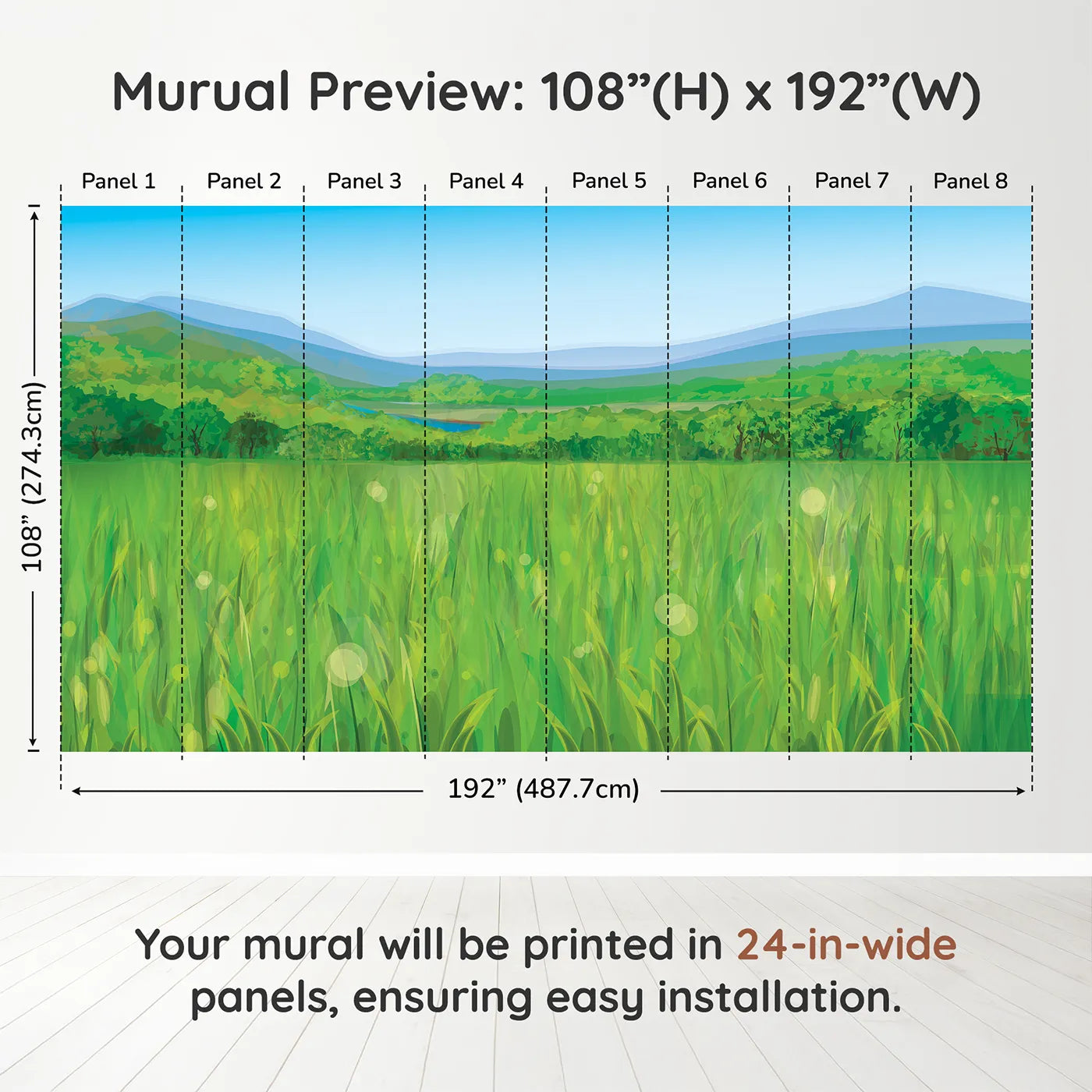 Whimsy Tots Green Valley Vista Wall Muraldimension view (108" H x 192" W). Printed in eight 24-inch-wide panels. Gender-Neutral