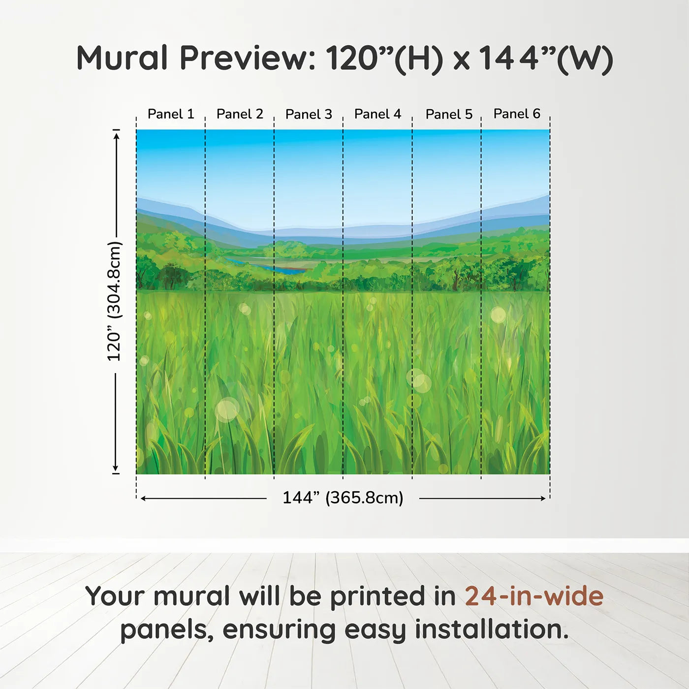 Whimsy Tots Green Valley Vista Wall Muraldimension view (120" H x 144" W). Printed in six 24-inch-wide panels. Gender-Neutral