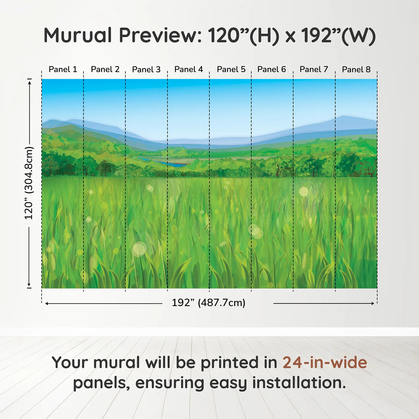 Whimsy Tots Green Valley Vista Wall Muraldimension view (120" H x 192" W). Printed in eight 24-inch-wide panels. Gender-Neutral
