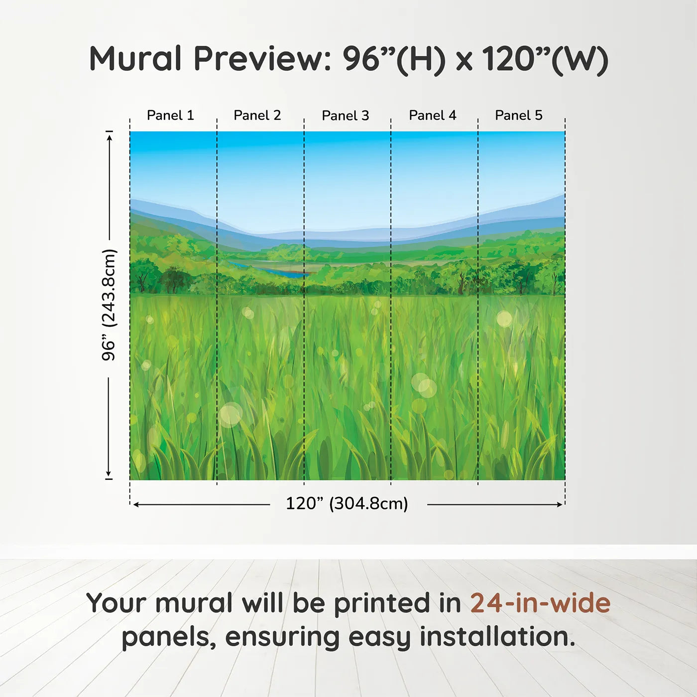 Whimsy Tots Green Valley Vista Wall Muraldimension view (96" H x 120" W). Printed in five 24-inch-wide panels. Gender-Neutral