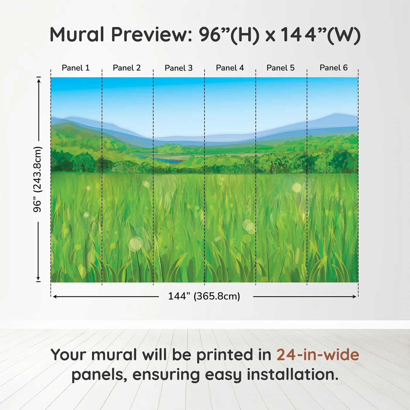 Whimsy Tots Green Valley Vista Wall Muraldimension view (96" H x 144" W). Printed in six 24-inch-wide panels. Gender-Neutral