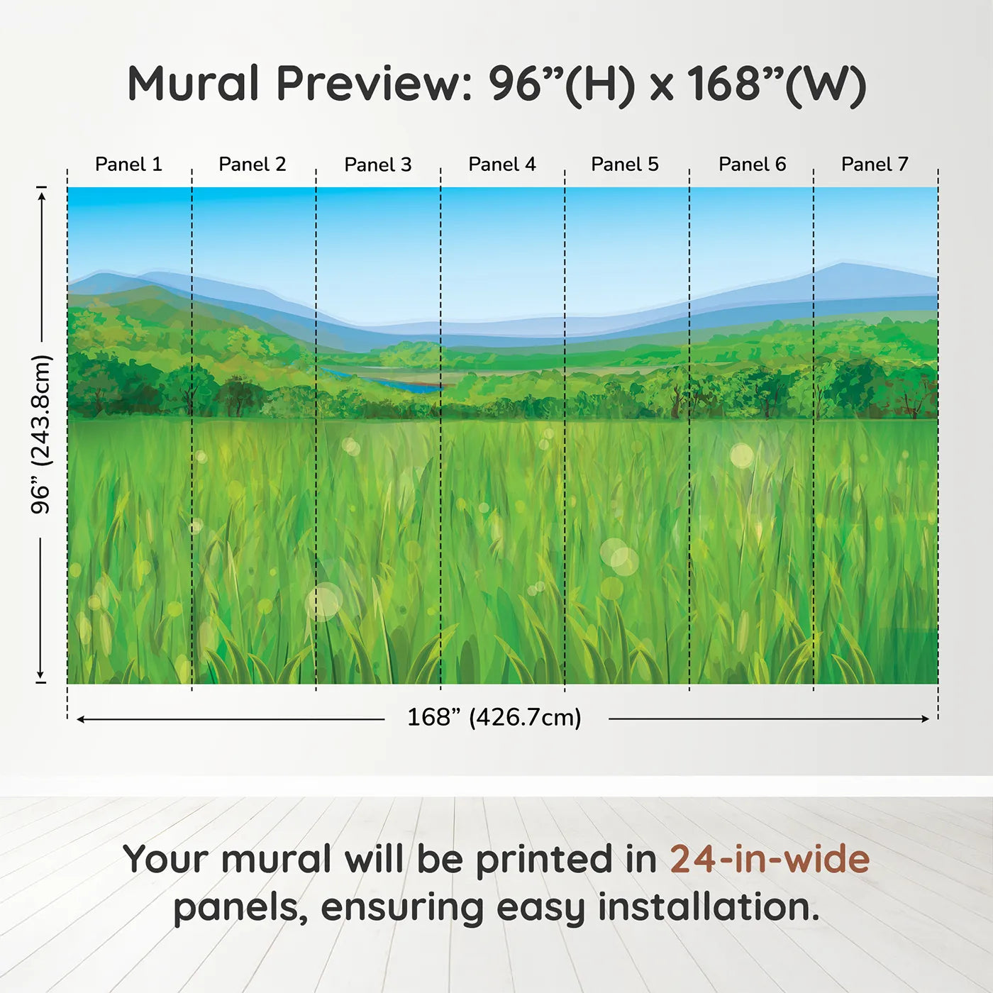 Whimsy Tots Green Valley Vista Wall Muraldimension view (96" H x 168" W). Printed in seven 24-inch-wide panels. Gender-Neutral