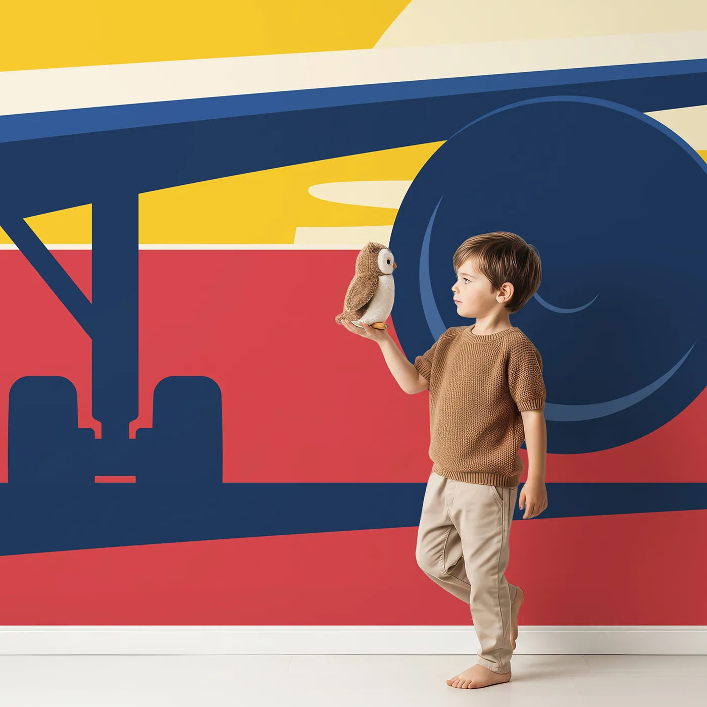 Child in front of Whimsy Tots Sunset Takeoff Wall Mural with airplane, airport, plane, travel, sunset, runway, jet in design.