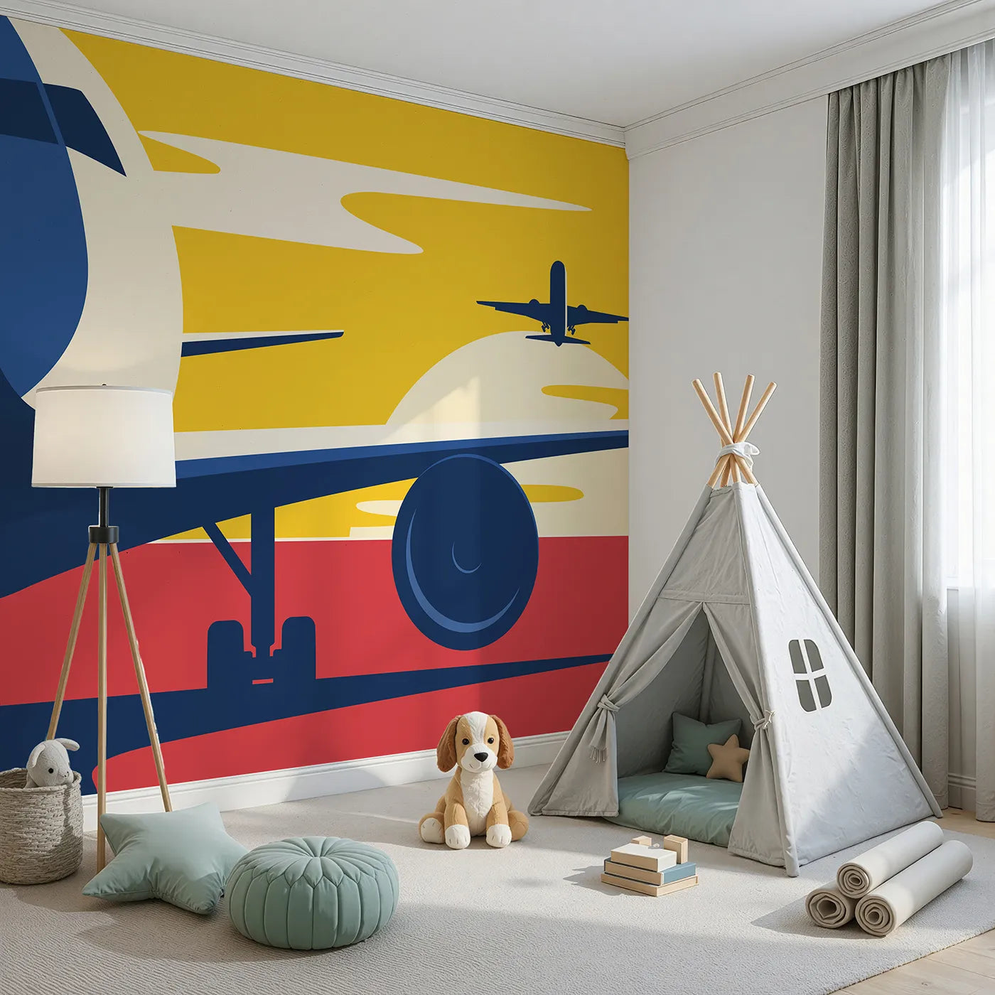 Angled view of Whimsy Tots' Sunset Takeoff Wall Mural (Turn Their Room into an Airport Adventure).Best for Boys