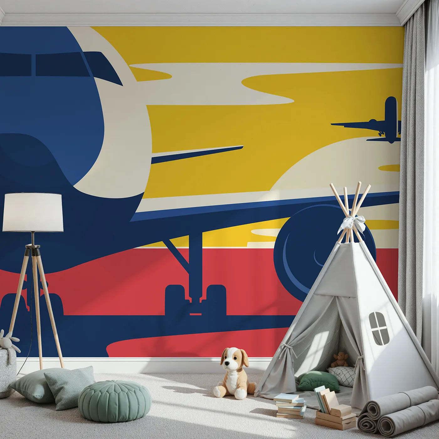 Front view of Whimsy Tots' Sunset Takeoff Wall Mural