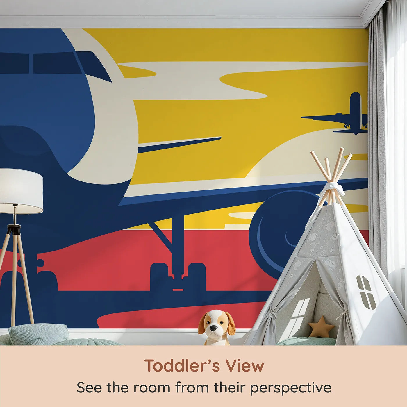 Whimsy Tots Sunset Takeoff Wall Mural (Turn Their Room into an Airport Adventure) from your child's view.Best for Boys