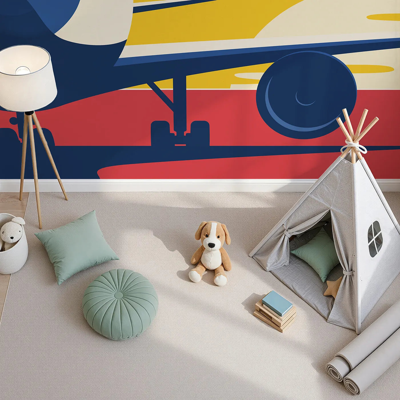 Top-down view of Whimsy Tots' Sunset Takeoff Wall Mural (Turn Their Room into an Airport Adventure).Best for Boys