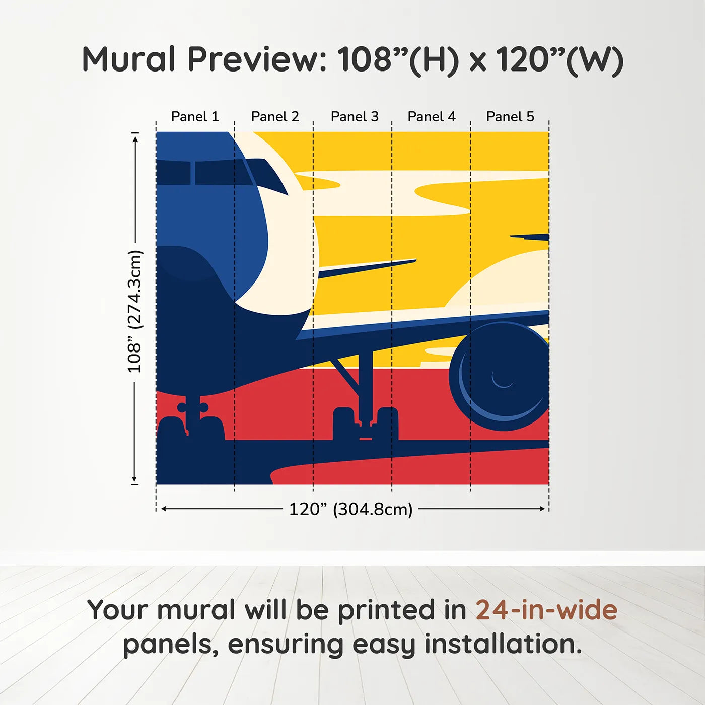 Whimsy Tots Sunset Takeoff Wall Muraldimension view (108" H x 120" W). Printed in five 24-inch-wide panels. Best for Boys