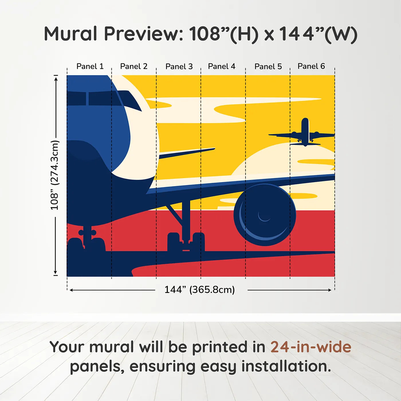 Whimsy Tots Sunset Takeoff Wall Muraldimension view (108" H x 144" W). Printed in six 24-inch-wide panels. Best for Boys