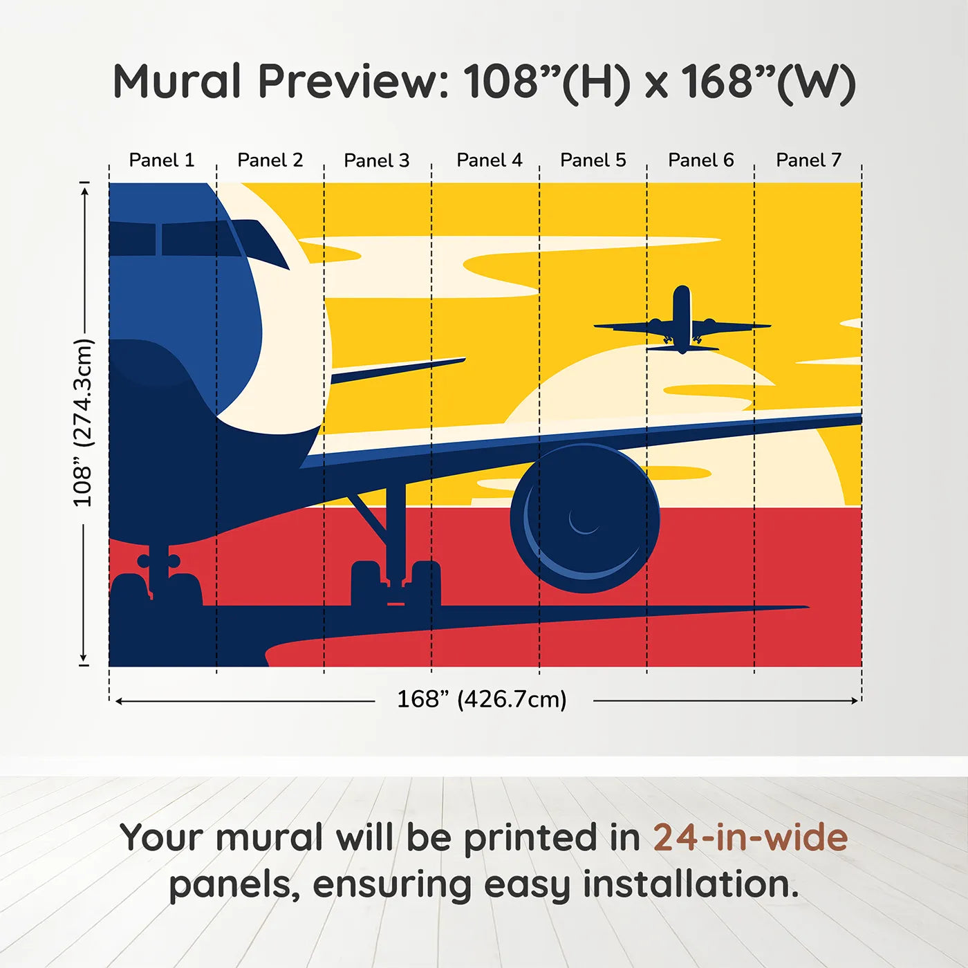 Whimsy Tots Sunset Takeoff Wall Muraldimension view (108" H x 168" W). Printed in seven 24-inch-wide panels. Best for Boys