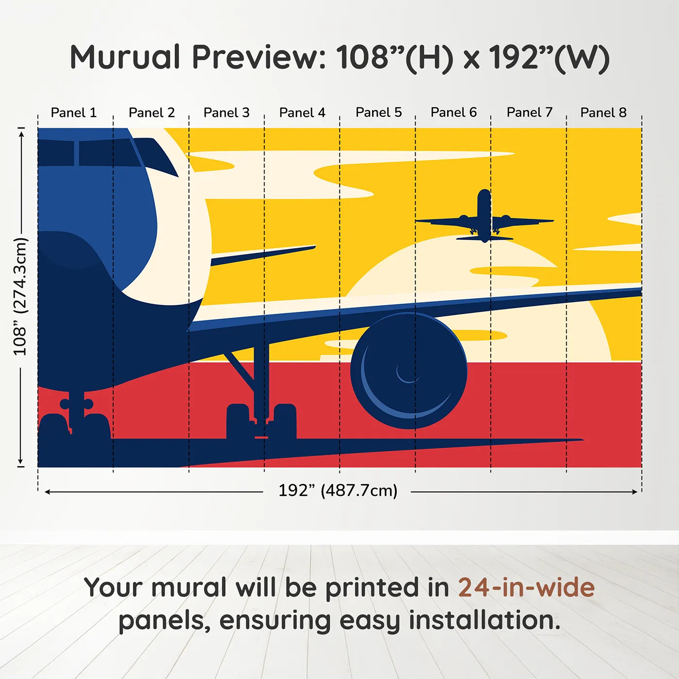 Whimsy Tots Sunset Takeoff Wall Muraldimension view (108" H x 192" W). Printed in eight 24-inch-wide panels. Best for Boys