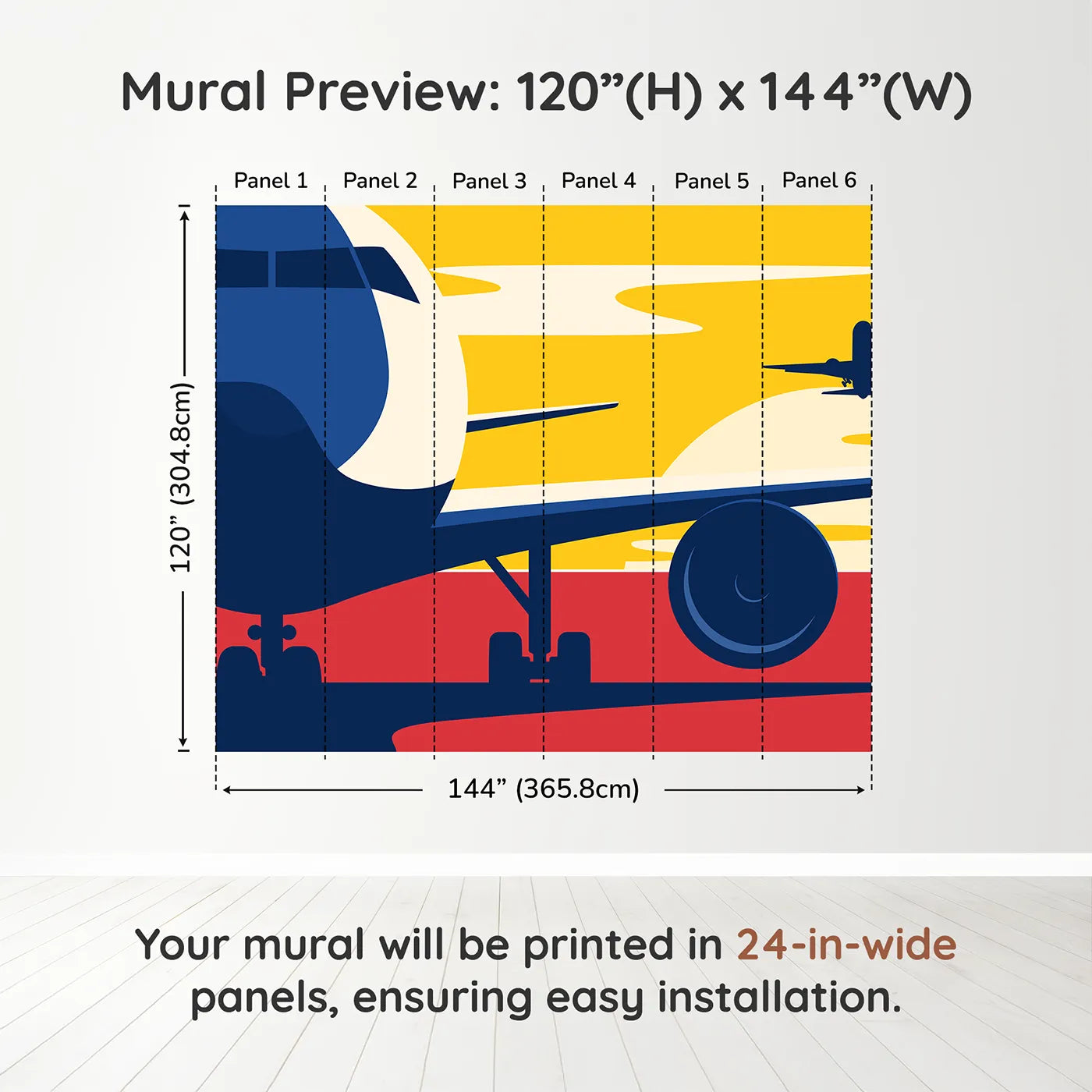 Whimsy Tots Sunset Takeoff Wall Muraldimension view (120" H x 144" W). Printed in six 24-inch-wide panels. Best for Boys