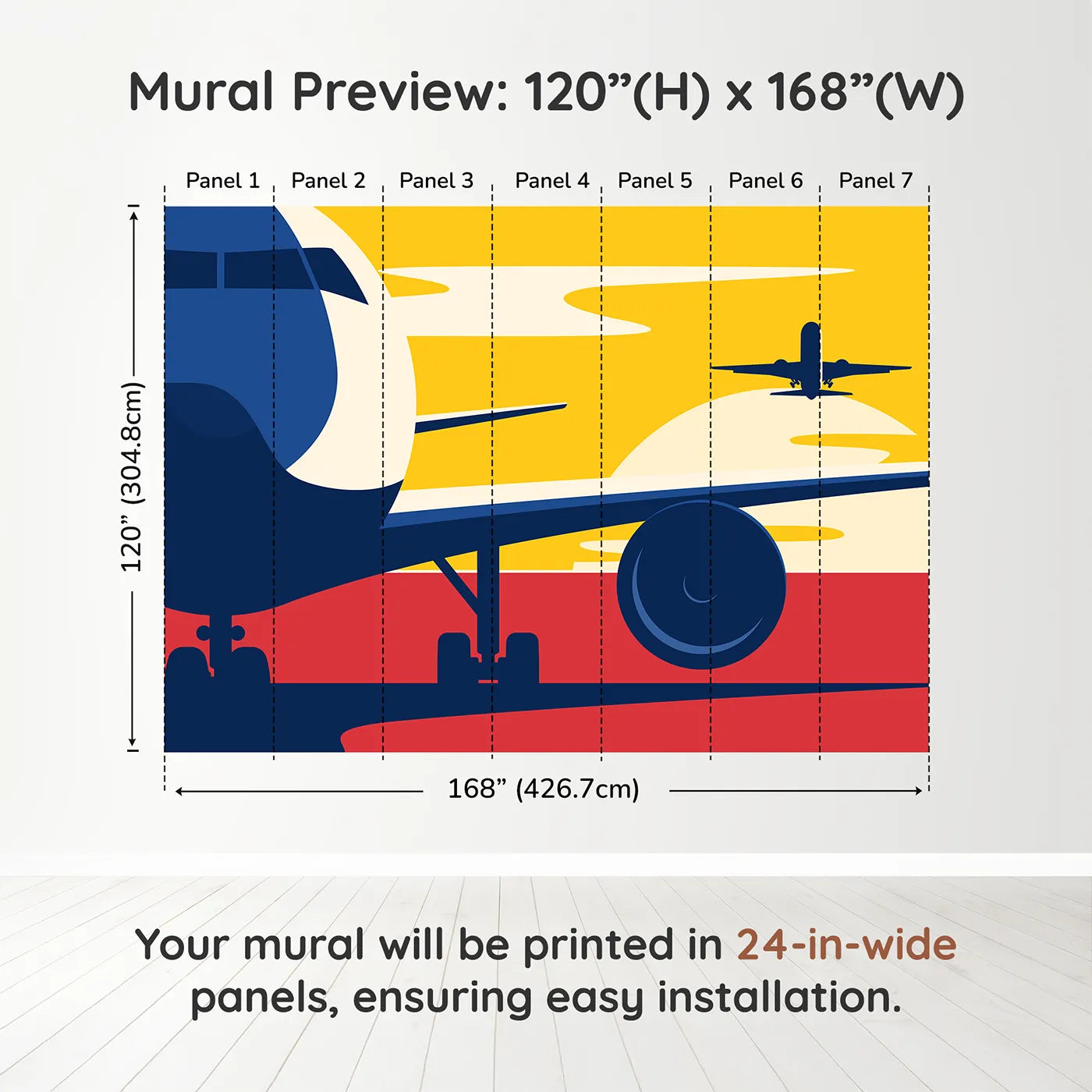 Whimsy Tots Sunset Takeoff Wall Muraldimension view (120" H x 168" W). Printed in seven 24-inch-wide panels. Best for Boys