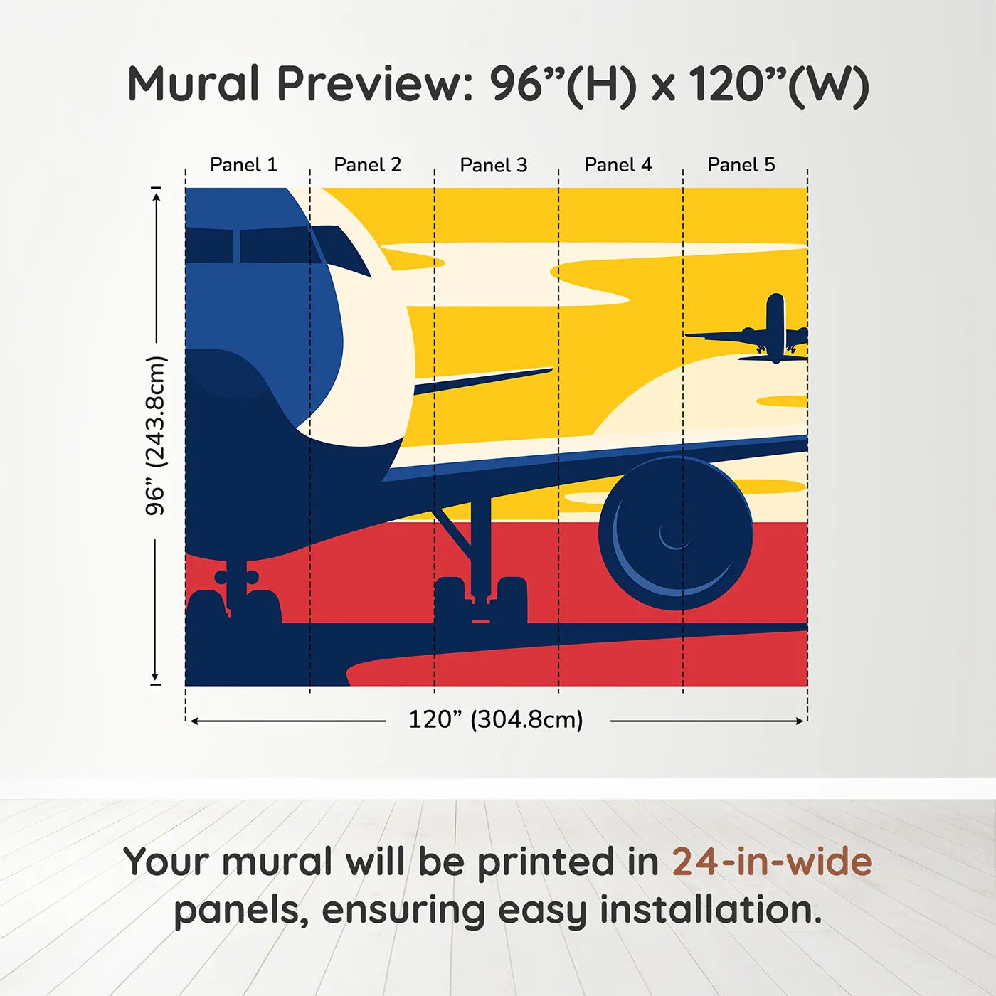 Whimsy Tots Sunset Takeoff Wall Muraldimension view (96" H x 120" W). Printed in five 24-inch-wide panels. Best for Boys