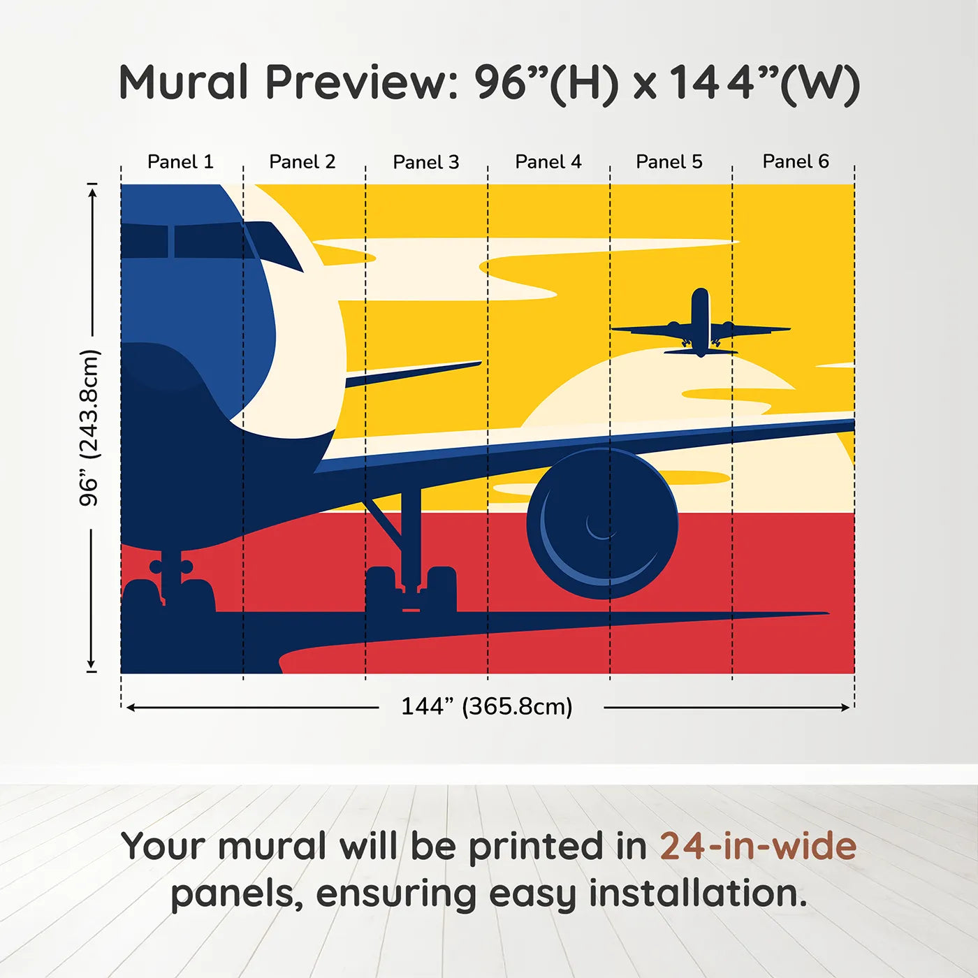 Whimsy Tots Sunset Takeoff Wall Muraldimension view (96" H x 144" W). Printed in six 24-inch-wide panels. Best for Boys