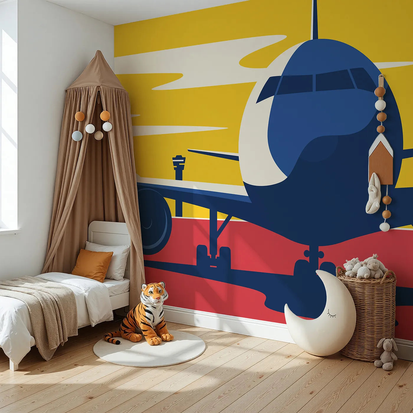 Angled view of Whimsy Tots' Airport Sunset Wall Mural (Turn Their Room into a Hub of Excitement).Best for Boys