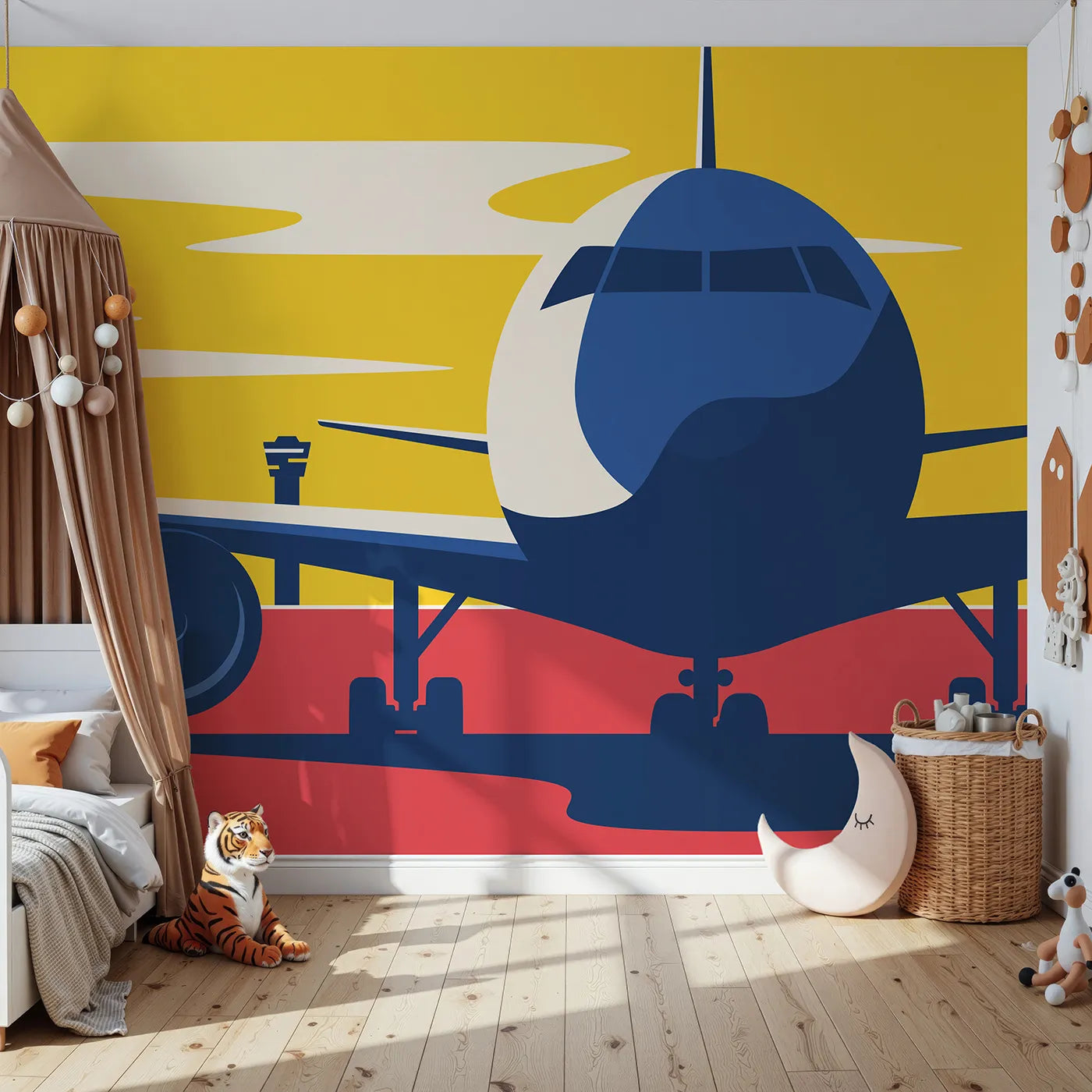 Front view of Whimsy Tots' Airport Sunset Wall Mural