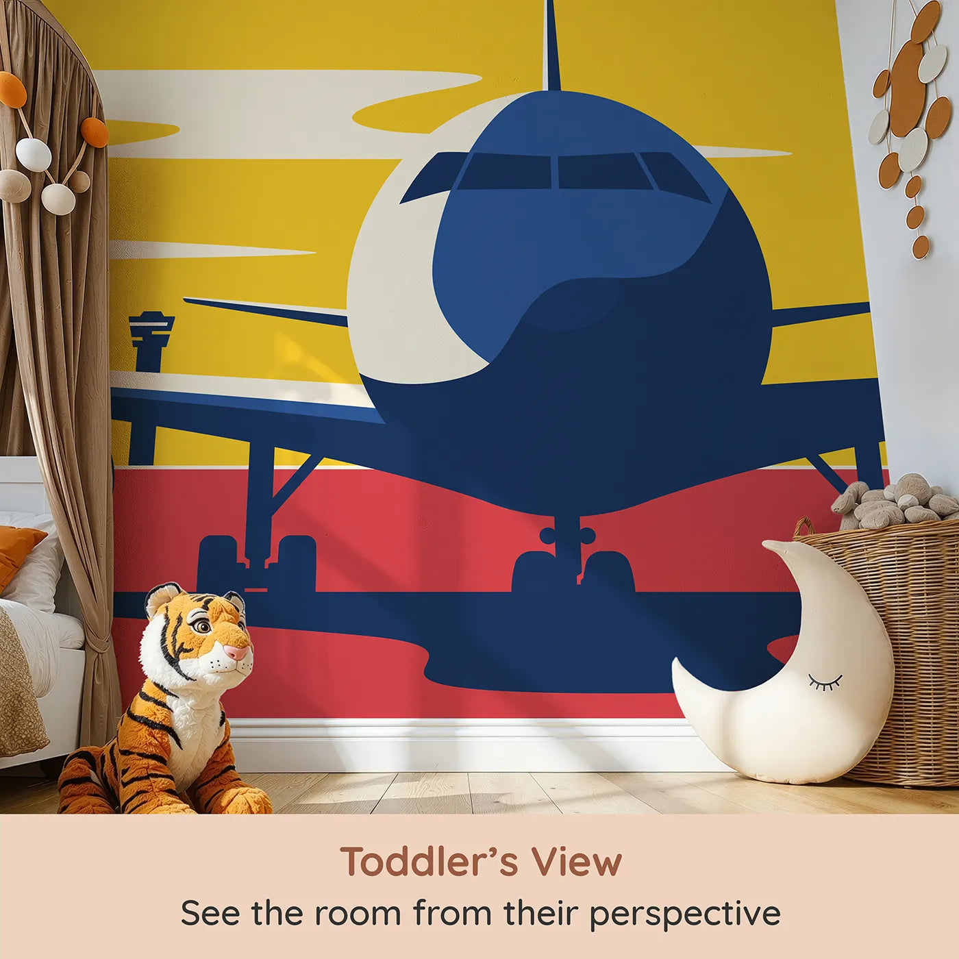 Whimsy Tots Airport Sunset Wall Mural (Turn Their Room into a Hub of Excitement) from your child's view.Best for Boys