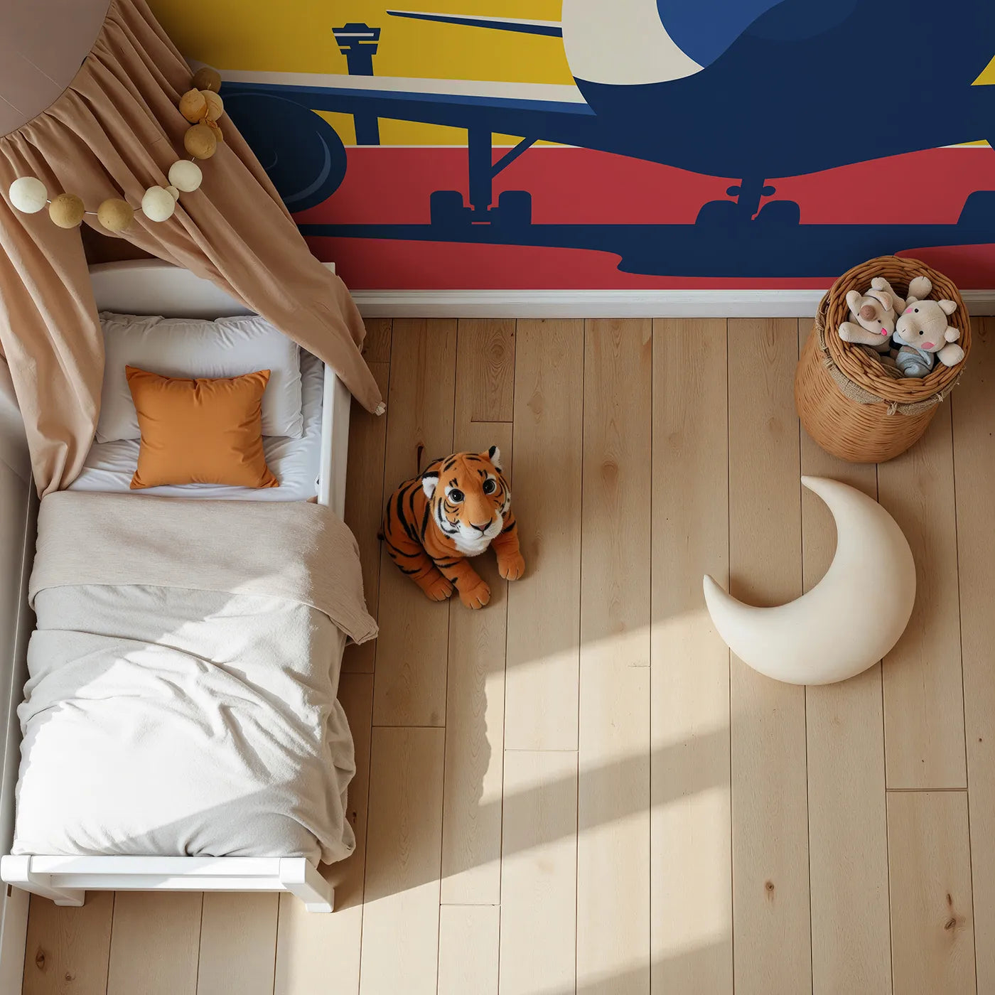 Top-down view of Whimsy Tots' Airport Sunset Wall Mural (Turn Their Room into a Hub of Excitement).Best for Boys