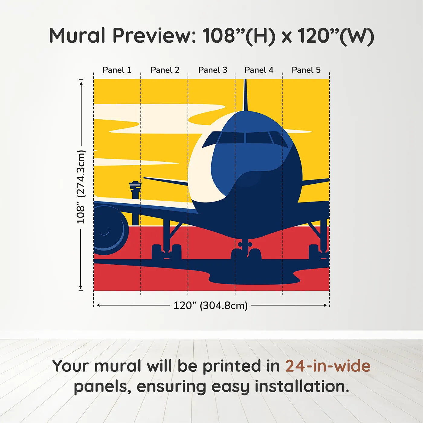 Whimsy Tots Airport Sunset Wall Muraldimension view (108" H x 120" W). Printed in five 24-inch-wide panels. Best for Boys