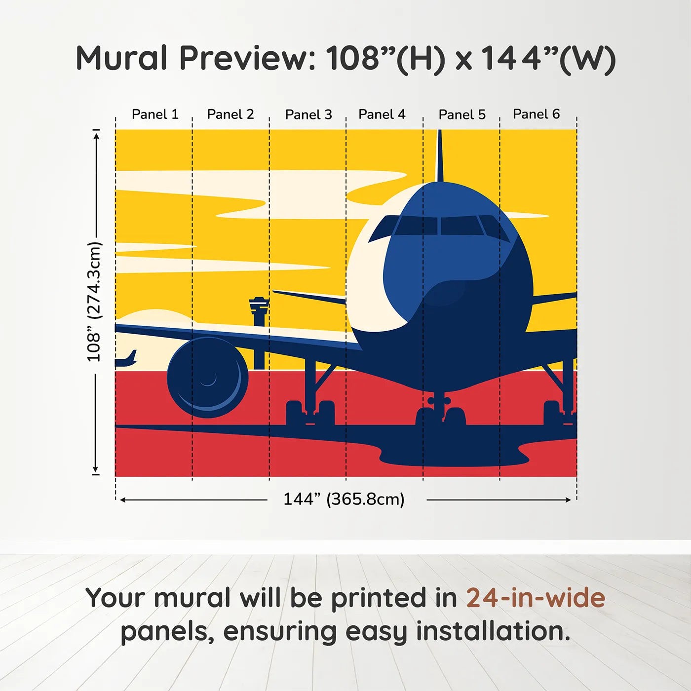 Whimsy Tots Airport Sunset Wall Muraldimension view (108" H x 144" W). Printed in six 24-inch-wide panels. Best for Boys