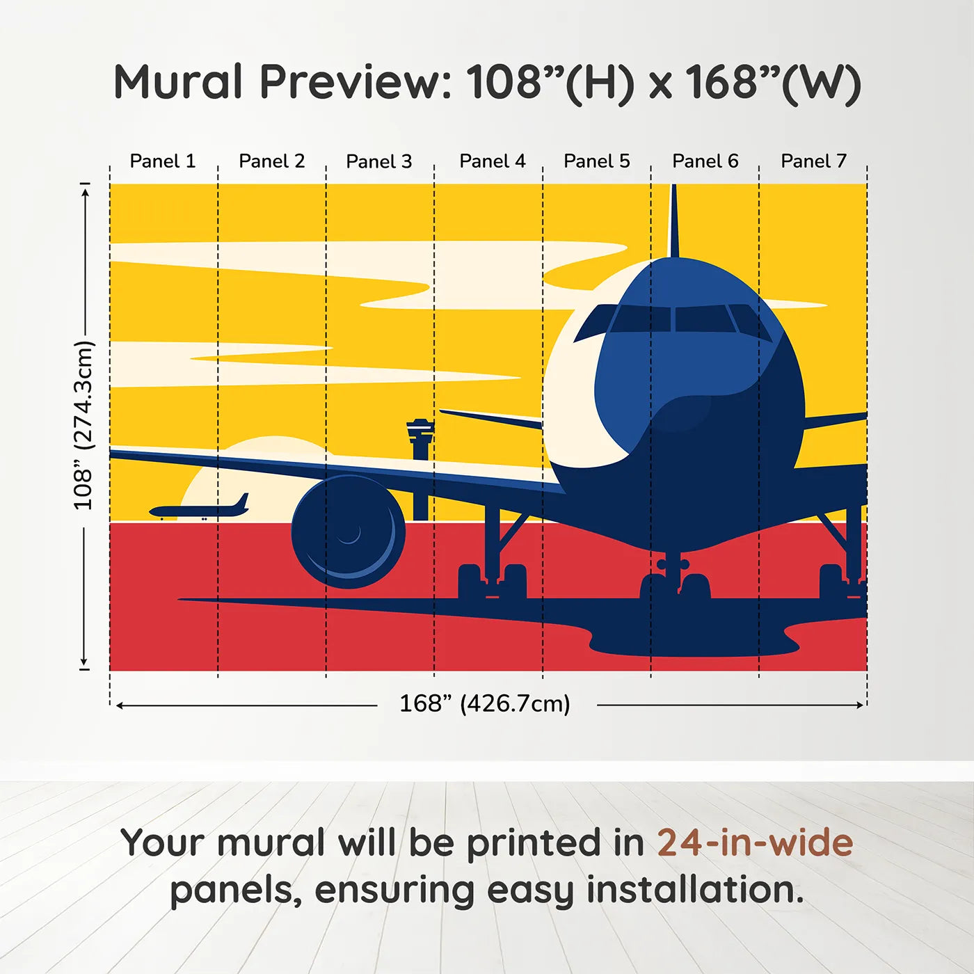 Whimsy Tots Airport Sunset Wall Muraldimension view (108" H x 168" W). Printed in seven 24-inch-wide panels. Best for Boys