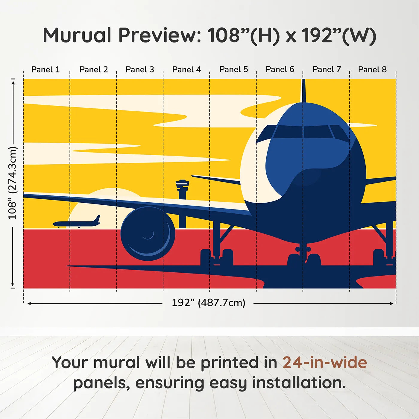 Whimsy Tots Airport Sunset Wall Muraldimension view (108" H x 192" W). Printed in eight 24-inch-wide panels. Best for Boys