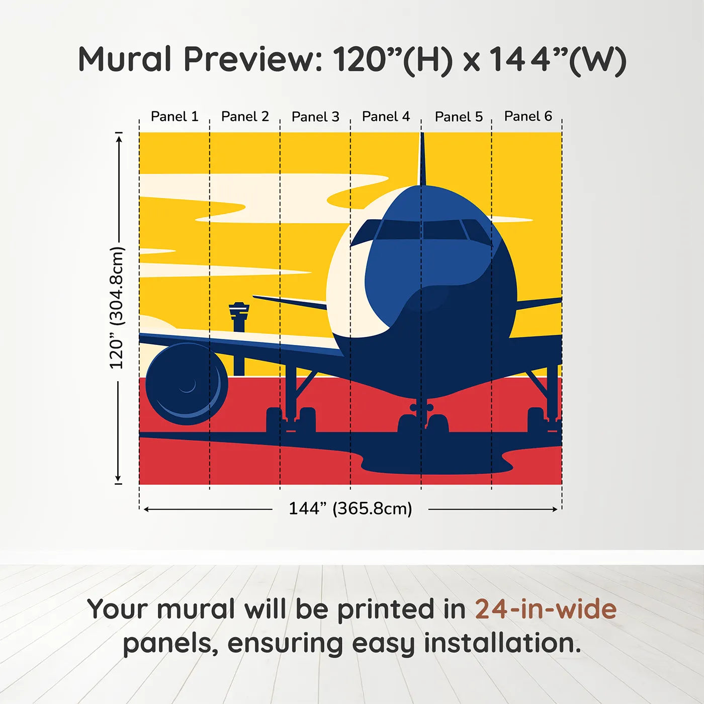 Whimsy Tots Airport Sunset Wall Muraldimension view (120" H x 144" W). Printed in six 24-inch-wide panels. Best for Boys