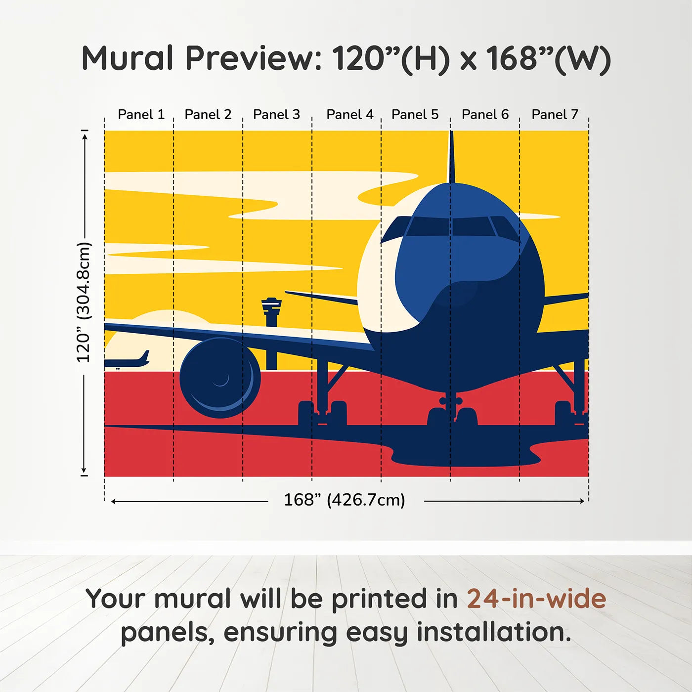 Whimsy Tots Airport Sunset Wall Muraldimension view (120" H x 168" W). Printed in seven 24-inch-wide panels. Best for Boys