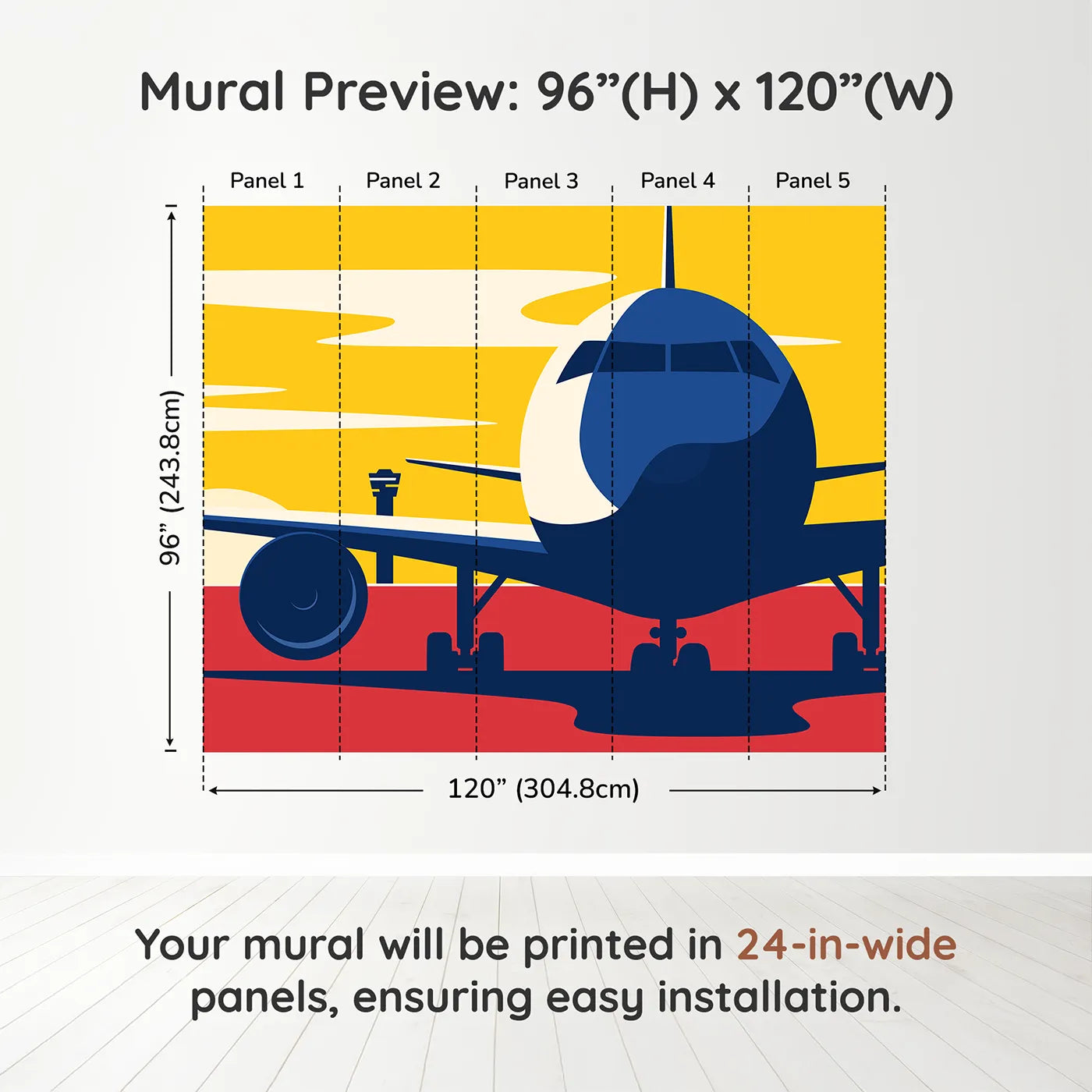 Whimsy Tots Airport Sunset Wall Muraldimension view (96" H x 120" W). Printed in five 24-inch-wide panels. Best for Boys