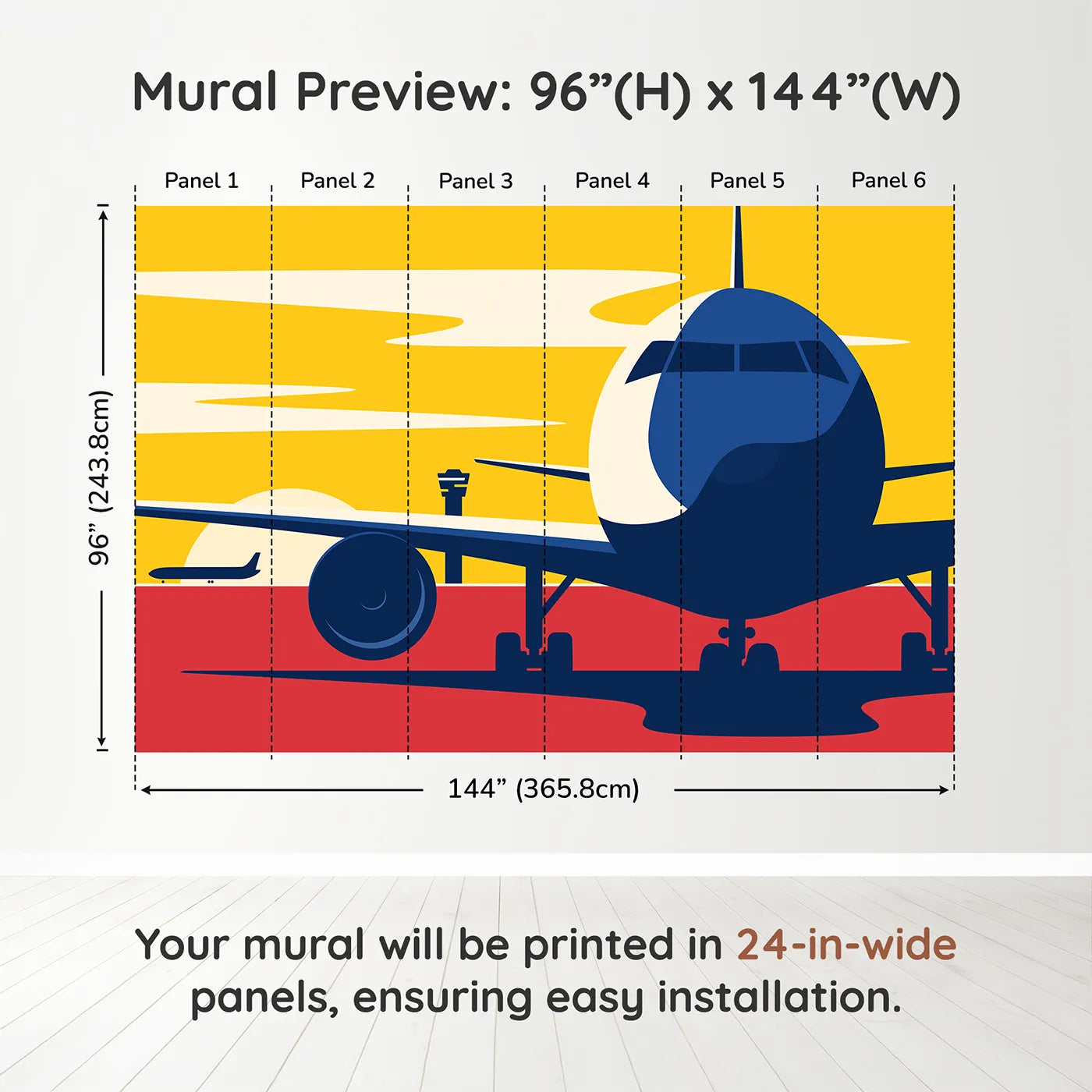 Whimsy Tots Airport Sunset Wall Muraldimension view (96" H x 144" W). Printed in six 24-inch-wide panels. Best for Boys
