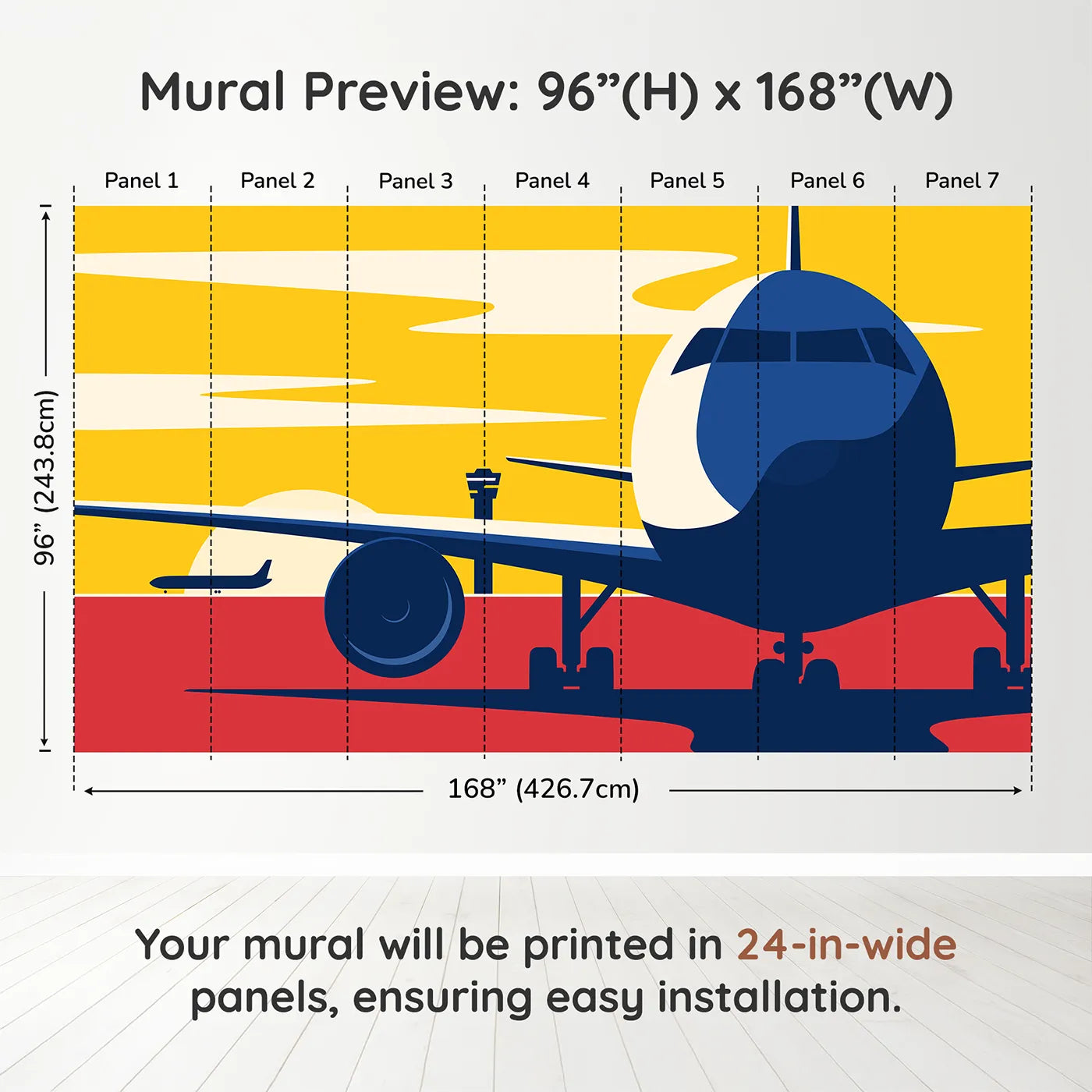 Whimsy Tots Airport Sunset Wall Muraldimension view (96" H x 168" W). Printed in seven 24-inch-wide panels. Best for Boys