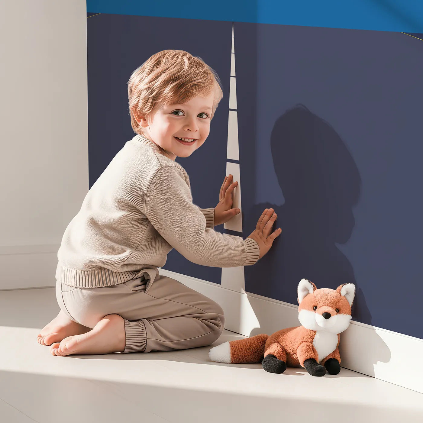 Child in front of Whimsy Tots Night Flight Runway Wall Mural with airplane, runway, night, star, plane, airport, light, travel in design.