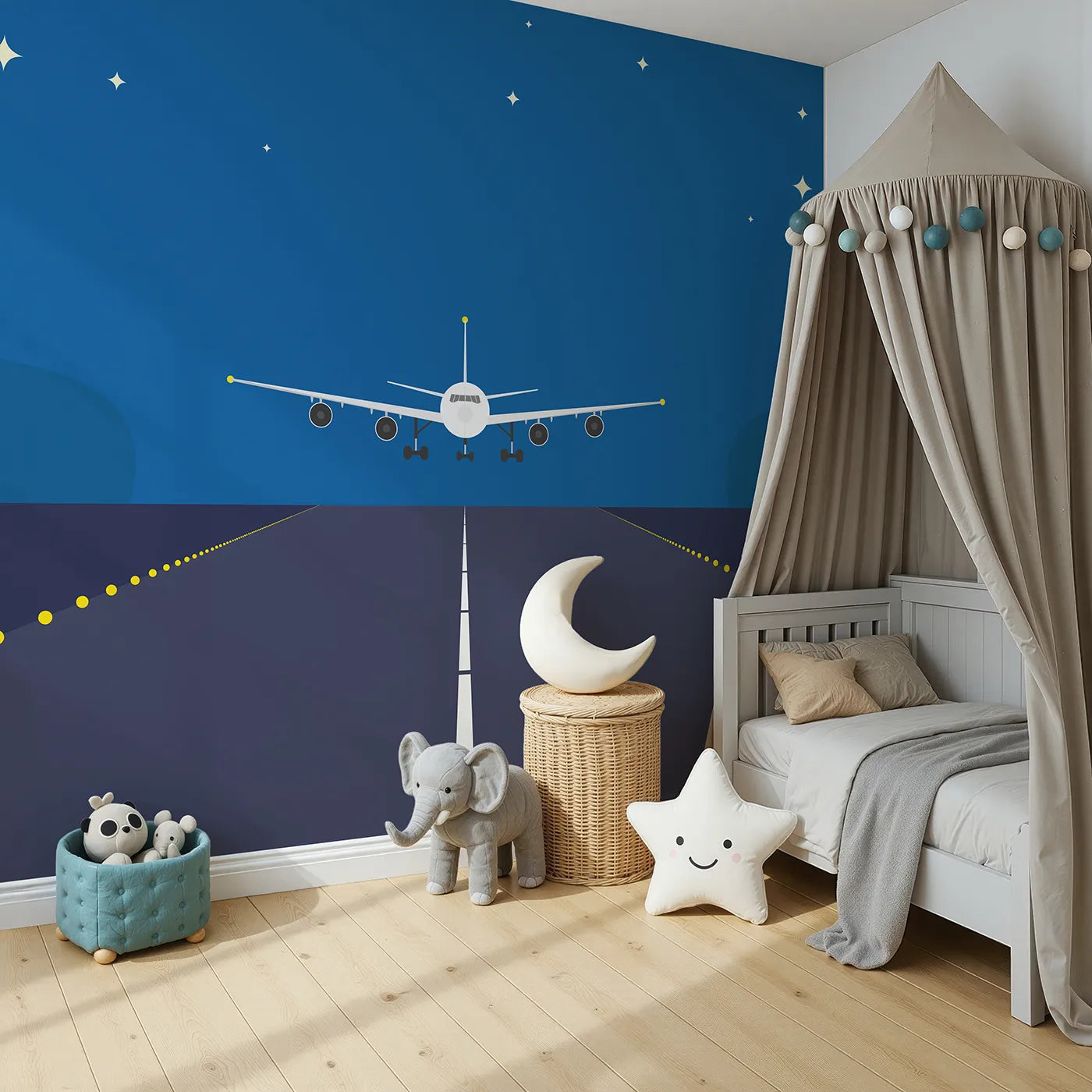 Angled view of Whimsy Tots' Night Flight Runway Wall Mural (Turn Their Room into a Midnight Takeoff Zone).Gender-Neutral